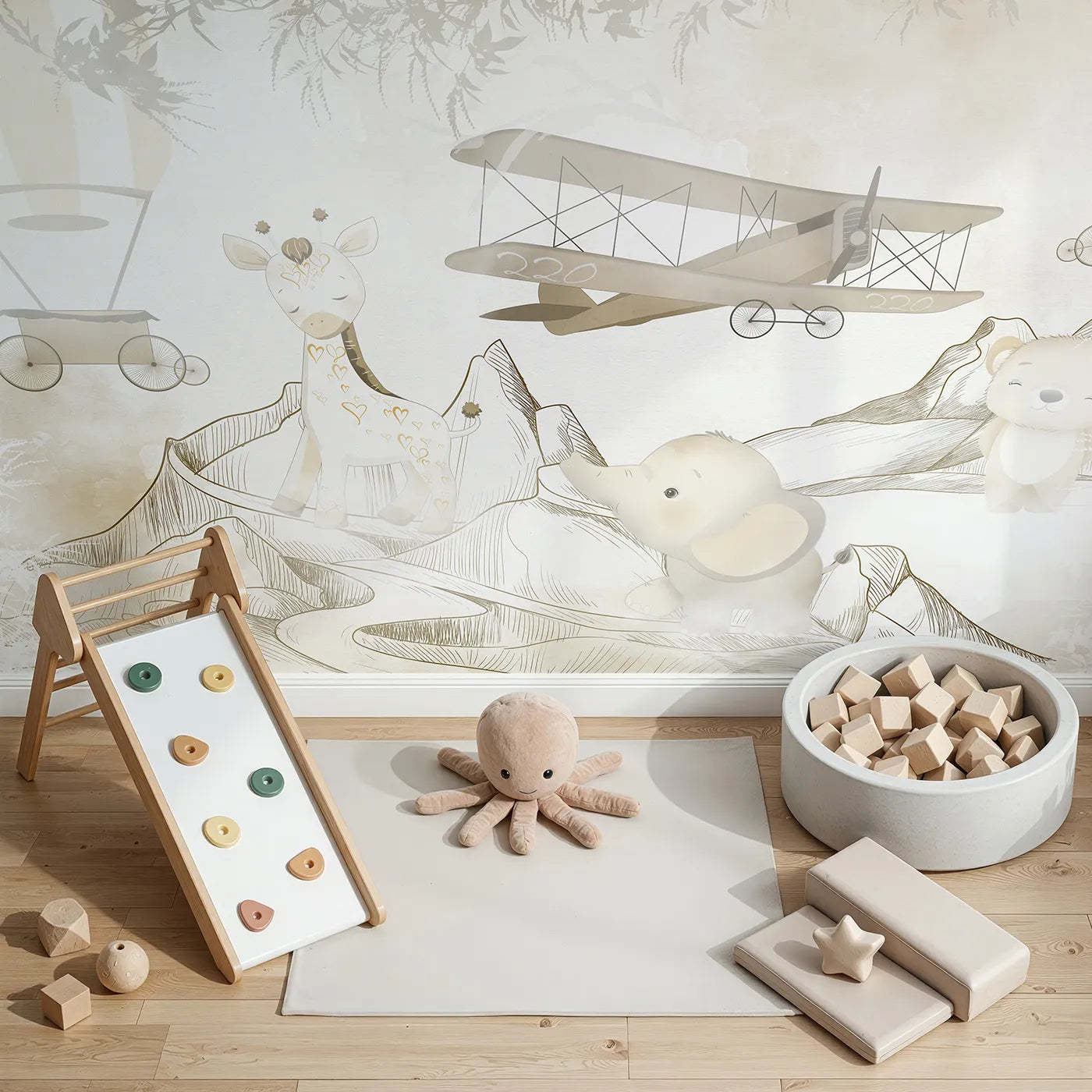 Top-down view of Whimsy Tots' Safari Mountain Adventure Wall Mural (Turn Their Room into a Gentle, High-Flying Expedition).Gender-Neutral