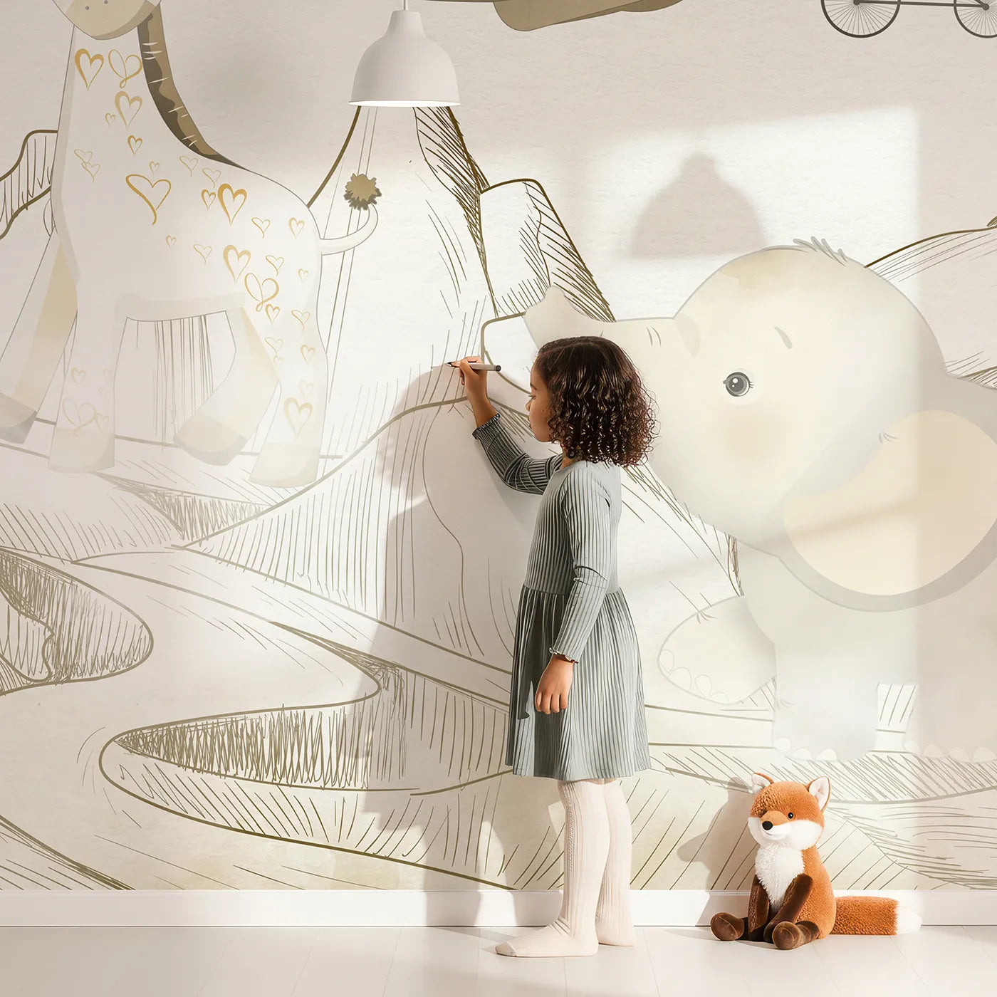 Child in front of Whimsy Tots Safari Mountain Adventure Wall Mural with animal, safari, airplane, balloon, vintage, cute, mountain, sketch in design.