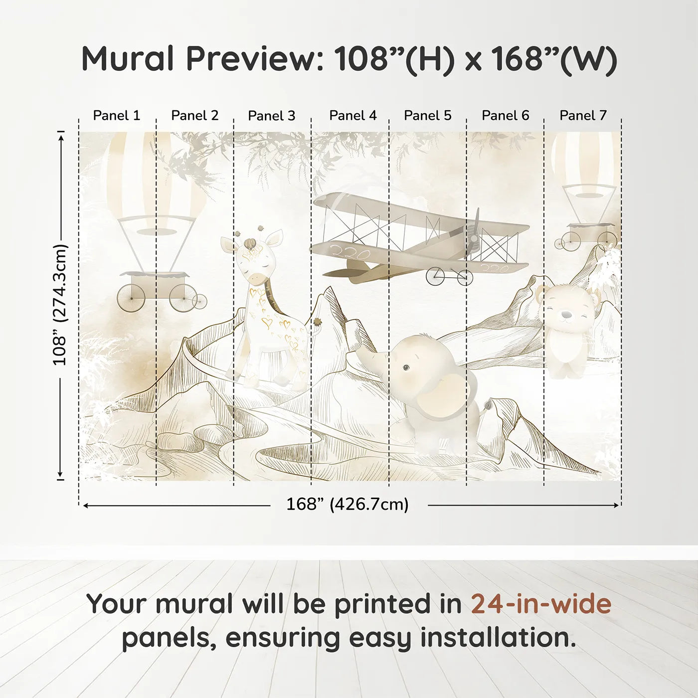 Whimsy Tots Safari Mountain Adventure Wall Muraldimension view (108" H x 168" W). Printed in seven 24-inch-wide panels. Gender-Neutral