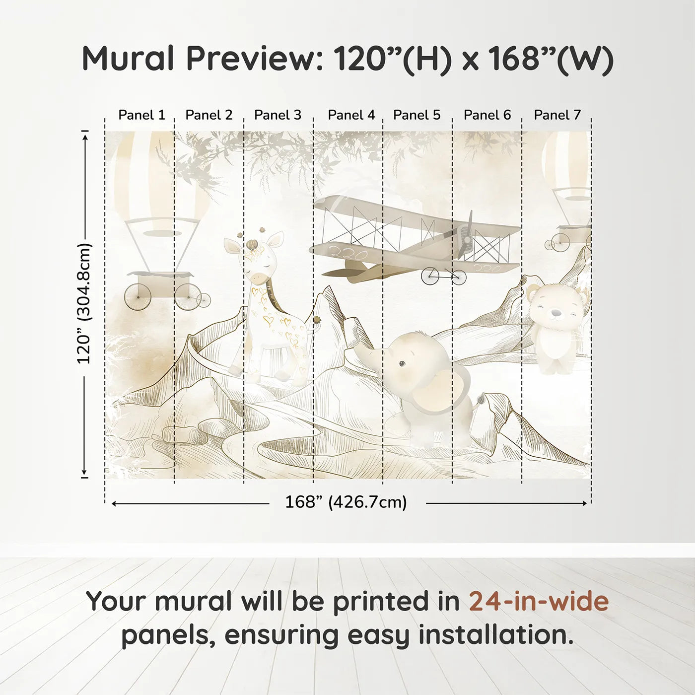Whimsy Tots Safari Mountain Adventure Wall Muraldimension view (120" H x 168" W). Printed in seven 24-inch-wide panels. Gender-Neutral