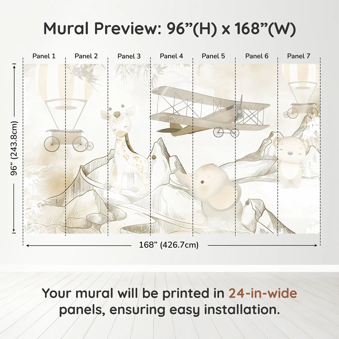 Whimsy Tots Safari Mountain Adventure Wall Muraldimension view (96" H x 168" W). Printed in seven 24-inch-wide panels. Gender-Neutral