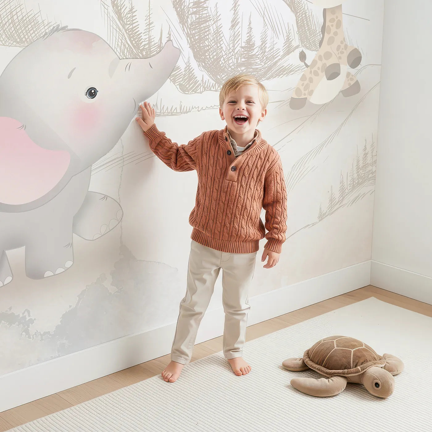 Child in front of Whimsy Tots Safari Sketch Adventure Wall Mural with animal, safari, airplane, balloon, vintage, cute, mountain, sketch in design.
