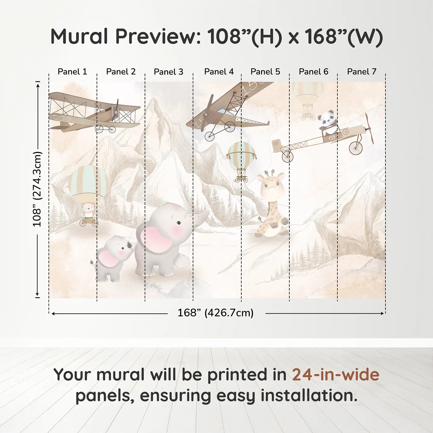 Whimsy Tots Safari Sketch Adventure Wall Muraldimension view (108" H x 168" W). Printed in seven 24-inch-wide panels. Gender-Neutral