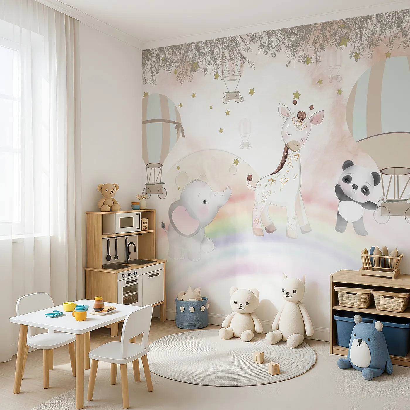 Angled view of Whimsy Tots' Rainbow Friends Adventure Wall Mural (Turn Their Room into a Magical, High-Flying Dream).Best for Girls