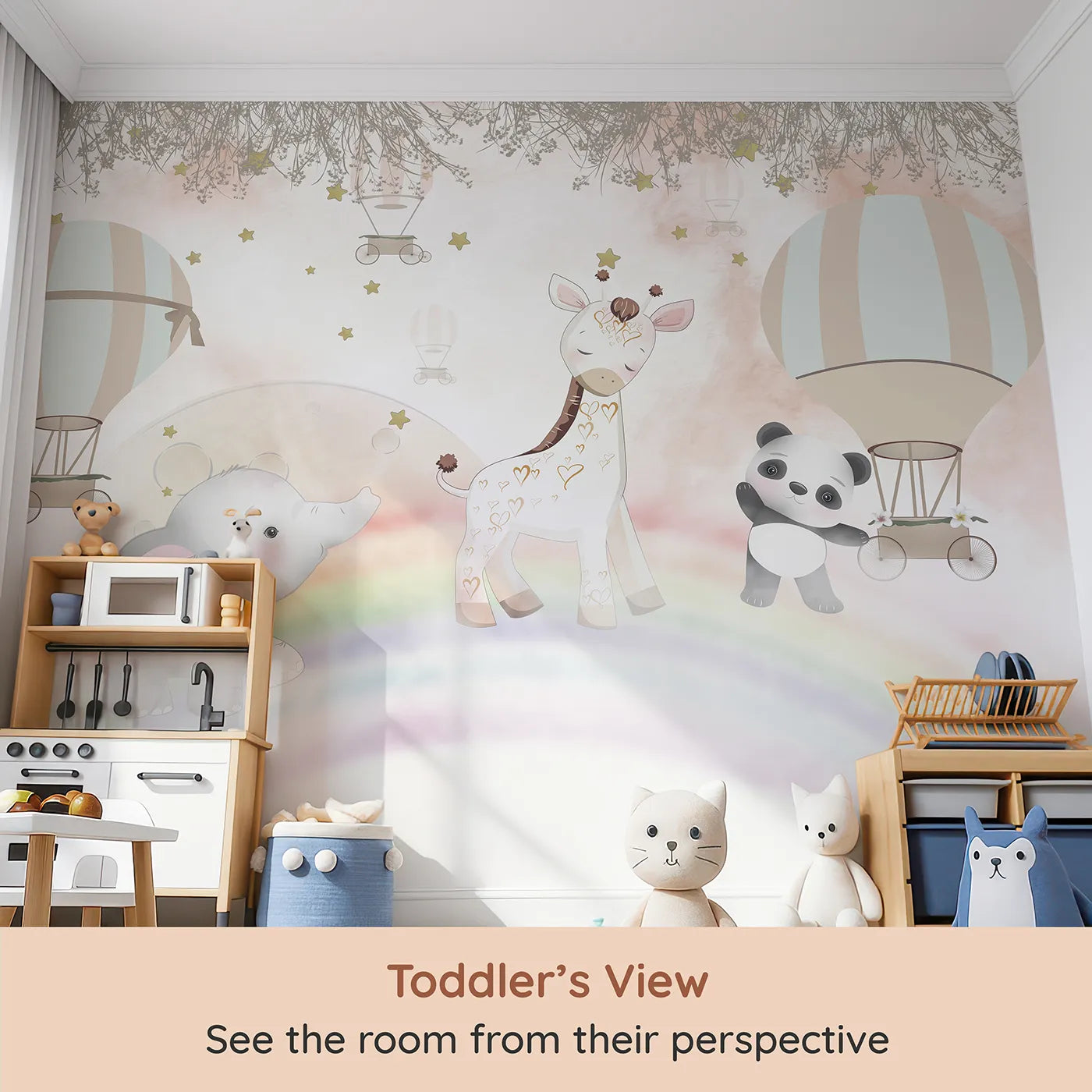 Whimsy Tots Rainbow Friends Adventure Wall Mural (Turn Their Room into a Magical, High-Flying Dream) from your child's view.Best for Girls