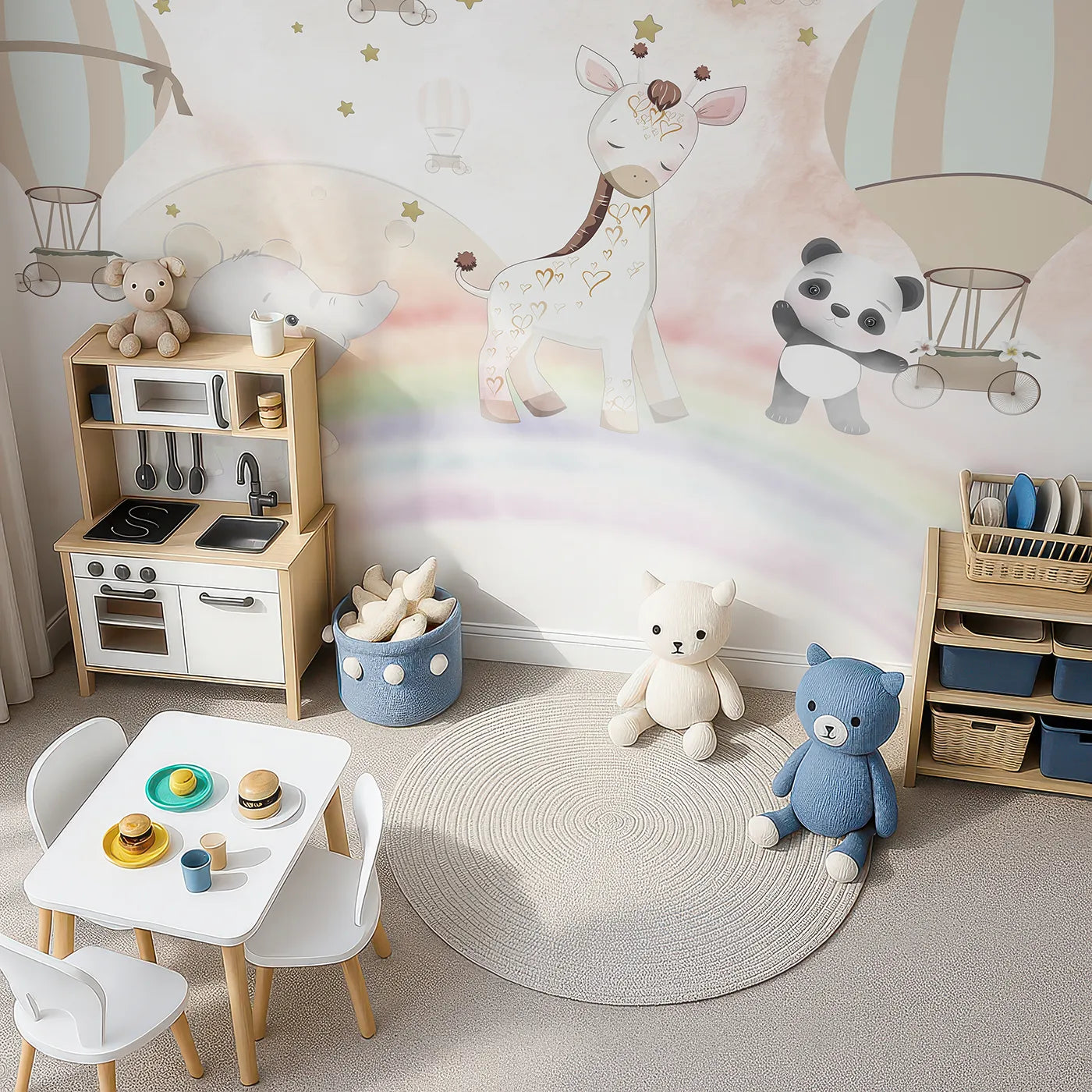 Top-down view of Whimsy Tots' Rainbow Friends Adventure Wall Mural (Turn Their Room into a Magical, High-Flying Dream).Best for Girls