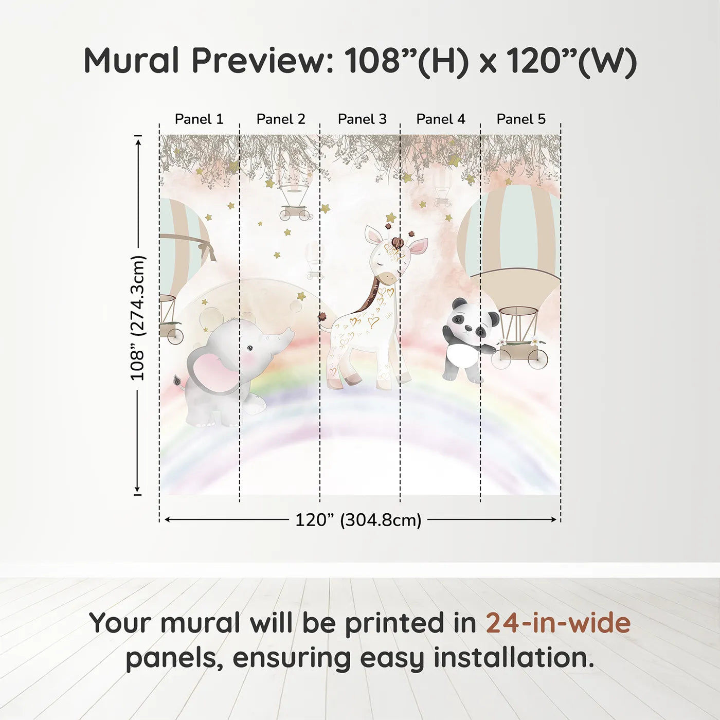 Whimsy Tots Rainbow Friends Adventure Wall Muraldimension view (108" H x 120" W). Printed in five 24-inch-wide panels. Best for Girls