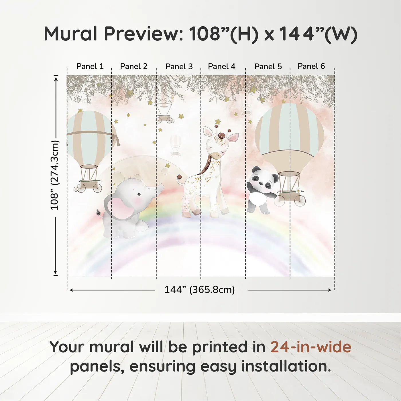 Whimsy Tots Rainbow Friends Adventure Wall Muraldimension view (108" H x 144" W). Printed in six 24-inch-wide panels. Best for Girls