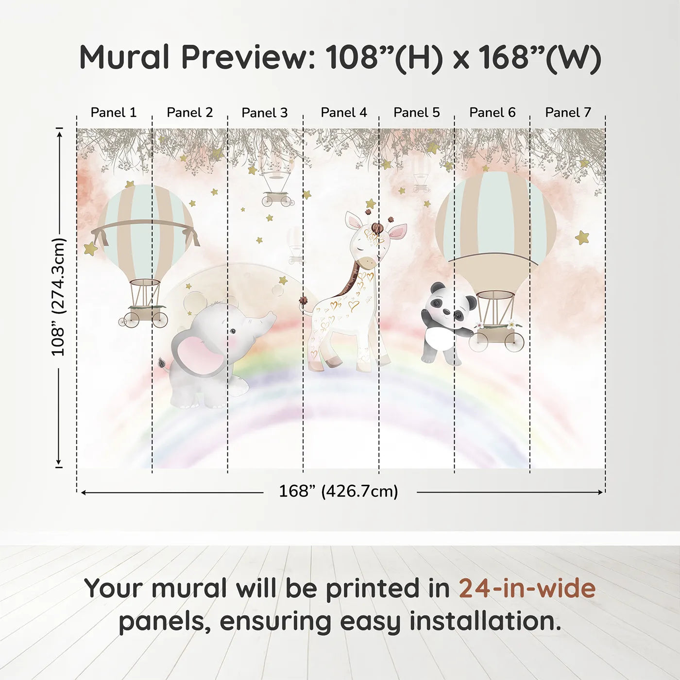 Whimsy Tots Rainbow Friends Adventure Wall Muraldimension view (108" H x 168" W). Printed in seven 24-inch-wide panels. Best for Girls