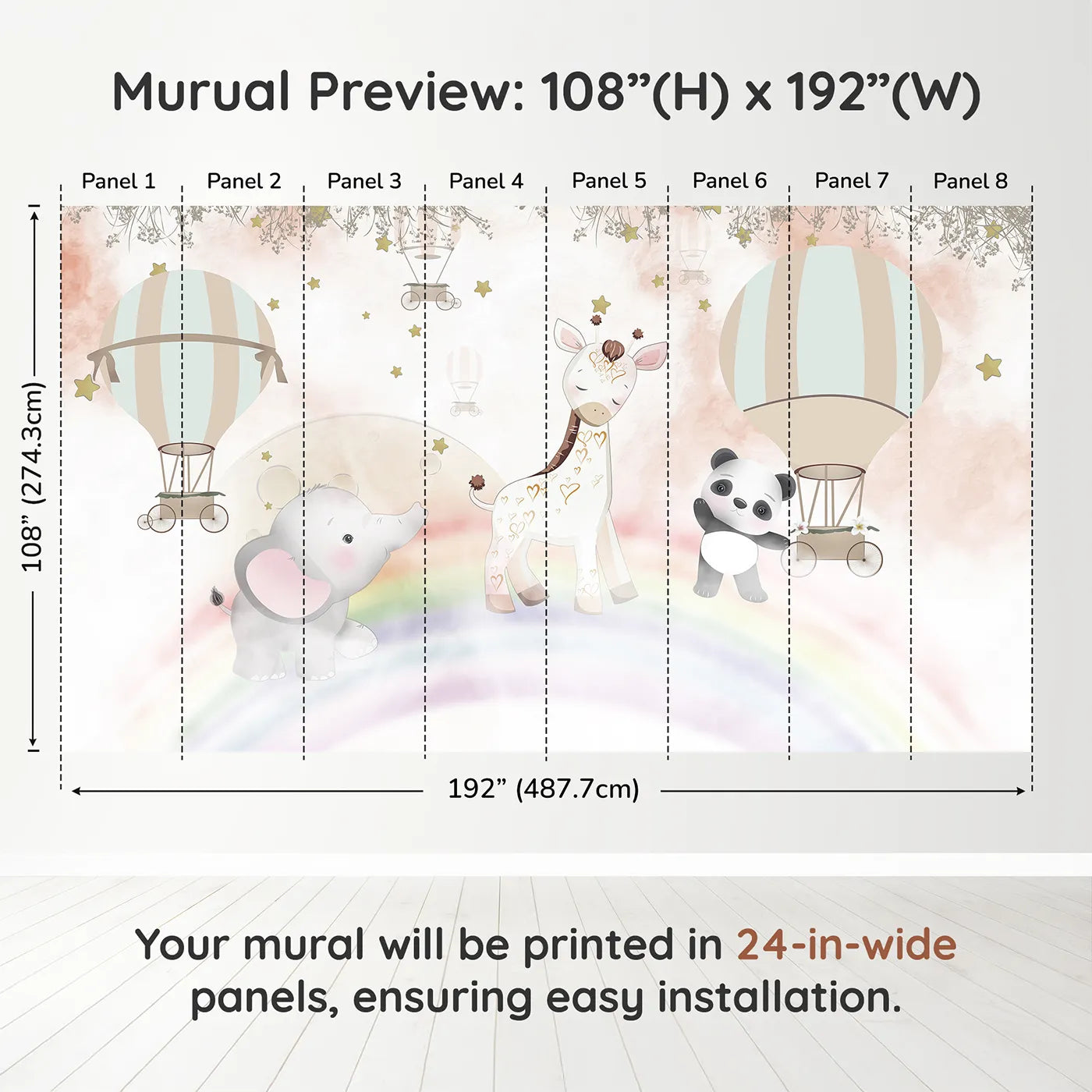 Whimsy Tots Rainbow Friends Adventure Wall Muraldimension view (108" H x 192" W). Printed in eight 24-inch-wide panels. Best for Girls