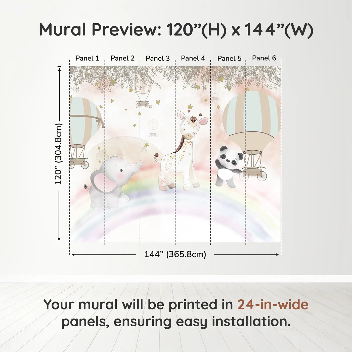 Whimsy Tots Rainbow Friends Adventure Wall Muraldimension view (120" H x 144" W). Printed in six 24-inch-wide panels. Best for Girls