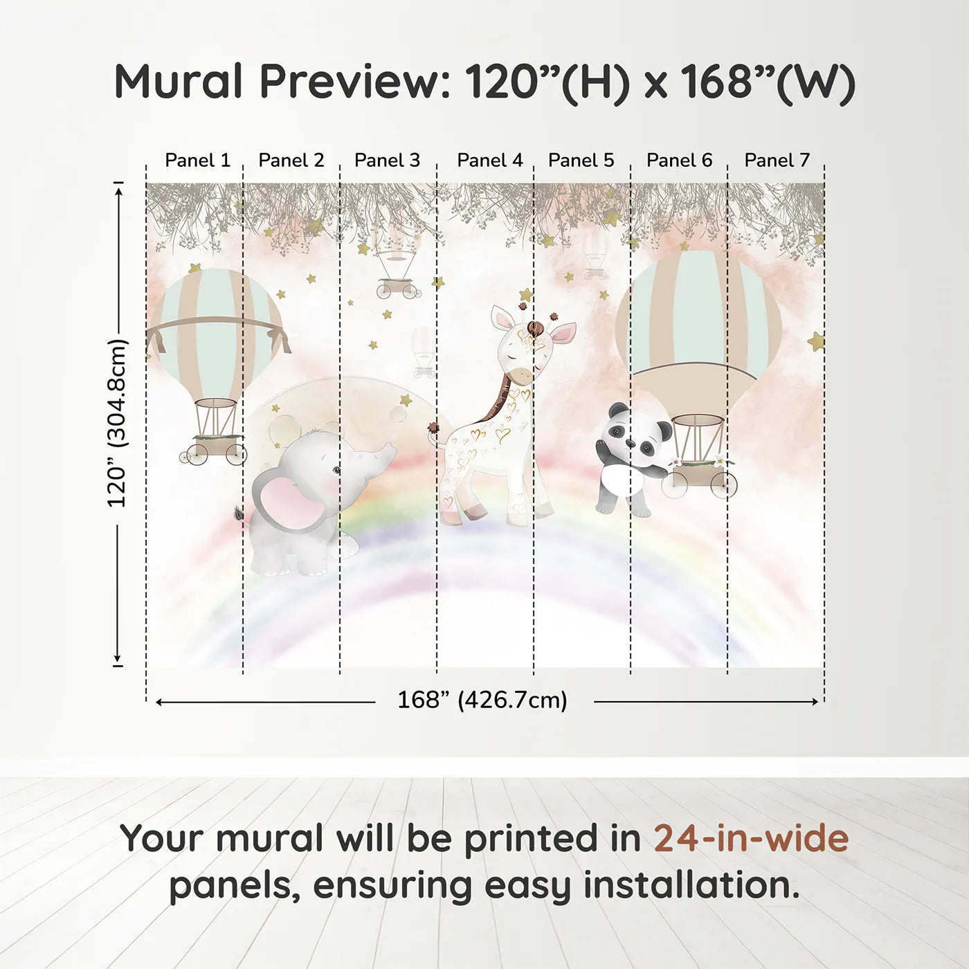 Whimsy Tots Rainbow Friends Adventure Wall Muraldimension view (120" H x 168" W). Printed in seven 24-inch-wide panels. Best for Girls