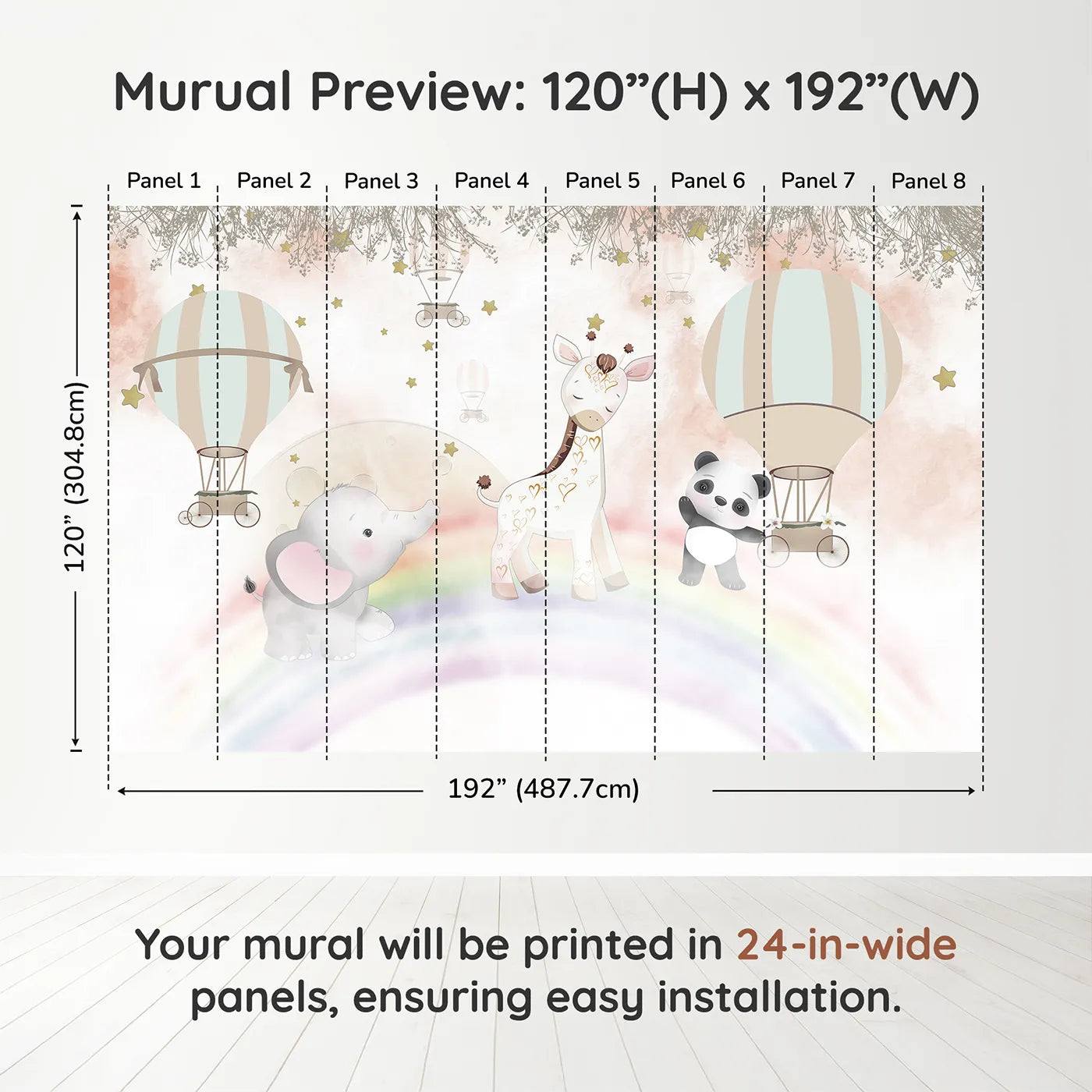 Whimsy Tots Rainbow Friends Adventure Wall Muraldimension view (120" H x 192" W). Printed in eight 24-inch-wide panels. Best for Girls