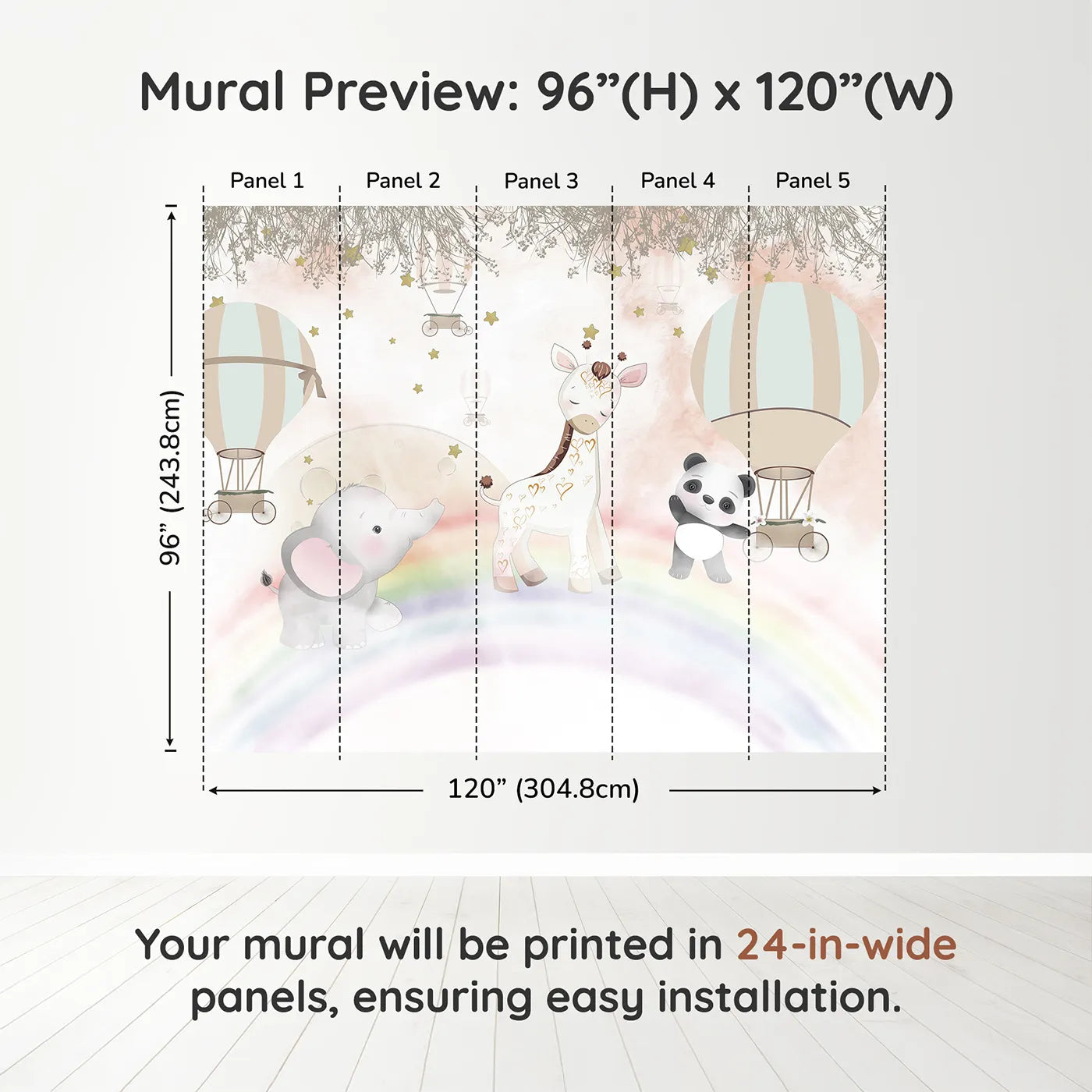 Whimsy Tots Rainbow Friends Adventure Wall Muraldimension view (96" H x 120" W). Printed in five 24-inch-wide panels. Best for Girls