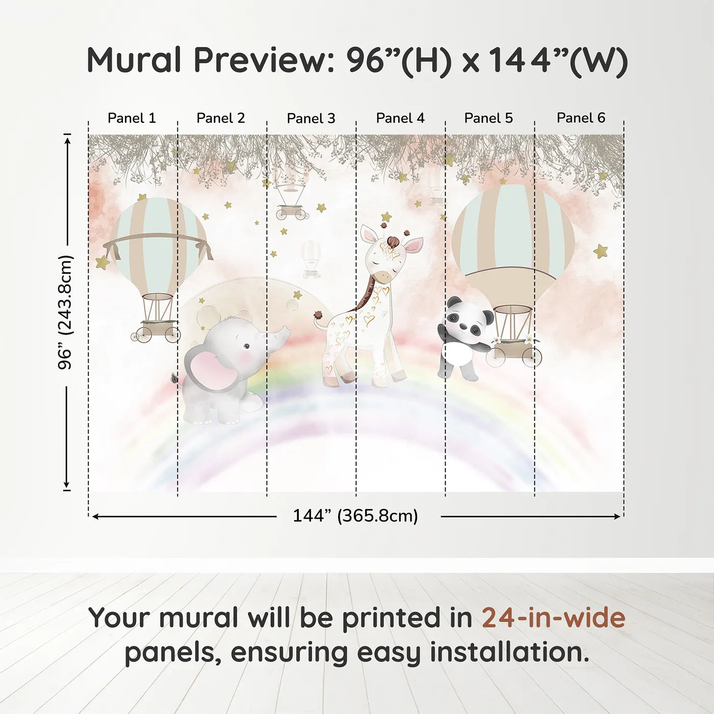 Whimsy Tots Rainbow Friends Adventure Wall Muraldimension view (96" H x 144" W). Printed in six 24-inch-wide panels. Best for Girls