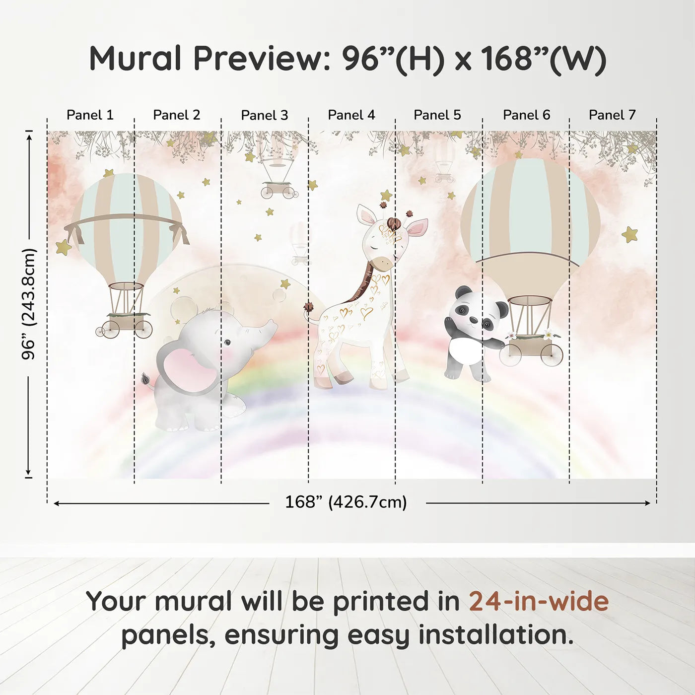 Whimsy Tots Rainbow Friends Adventure Wall Muraldimension view (96" H x 168" W). Printed in seven 24-inch-wide panels. Best for Girls