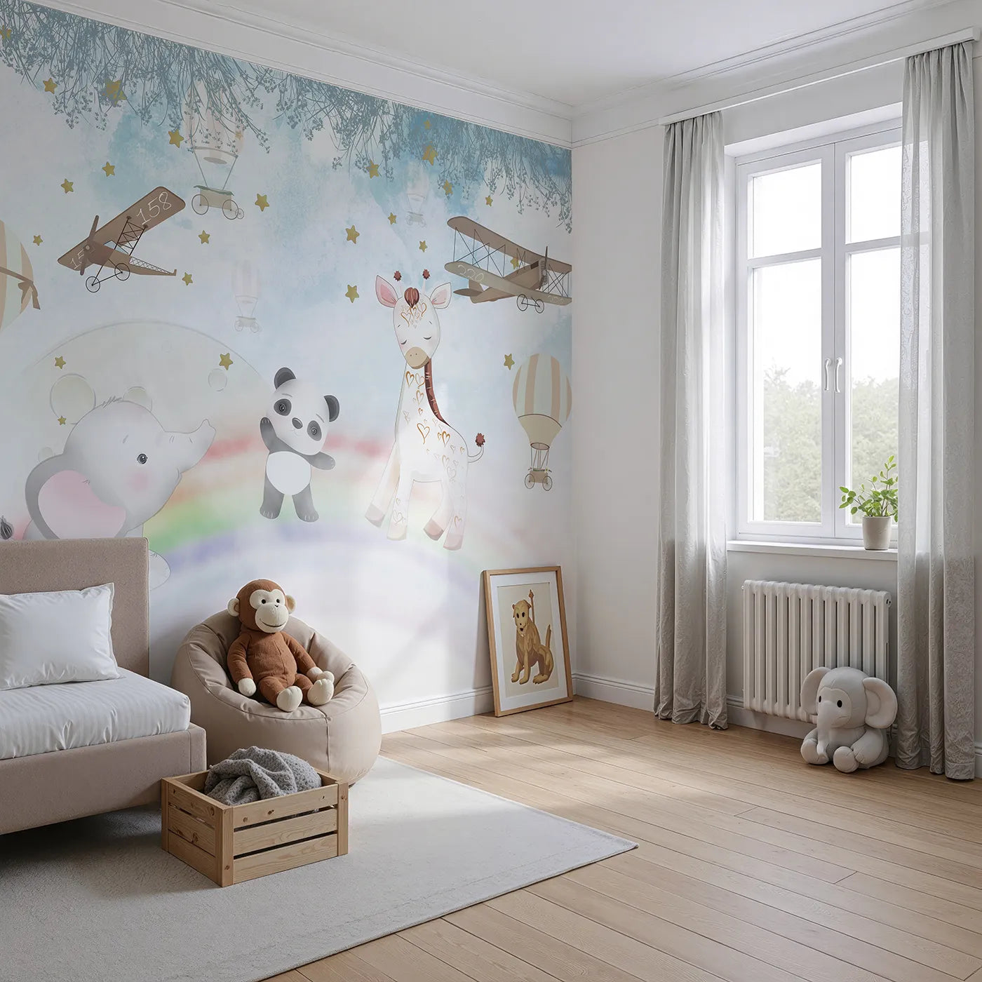 Angled view of Whimsy Tots' Starry Rainbow Adventure Wall Mural (Turn Their Room into a Magical, High-Flying Dream).Best for Girls