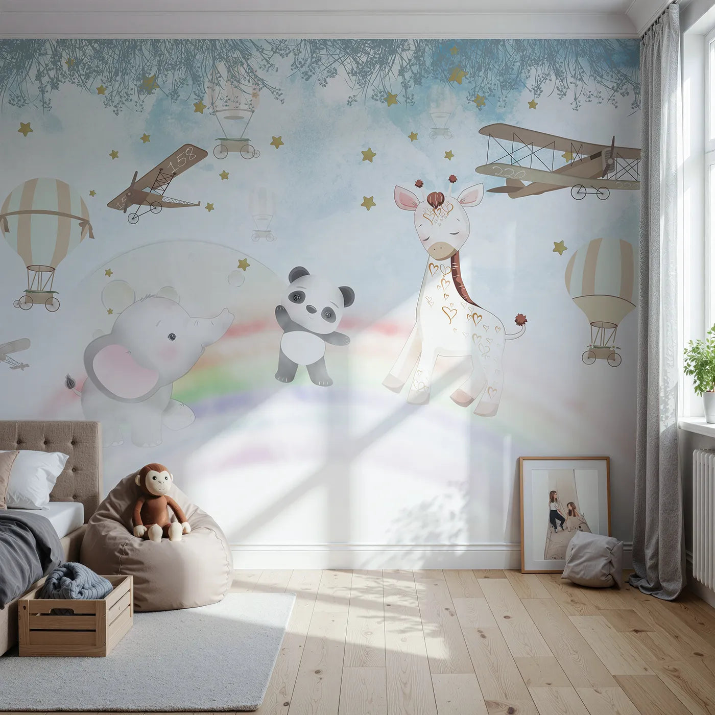 Front view of Whimsy Tots' Starry Rainbow Adventure Wall Mural