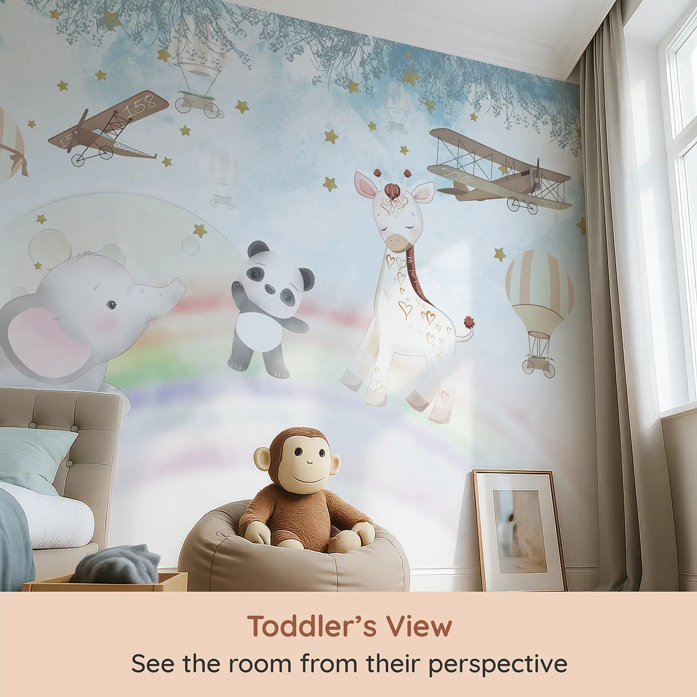 Whimsy Tots Starry Rainbow Adventure Wall Mural (Turn Their Room into a Magical, High-Flying Dream) from your child's view.Best for Girls