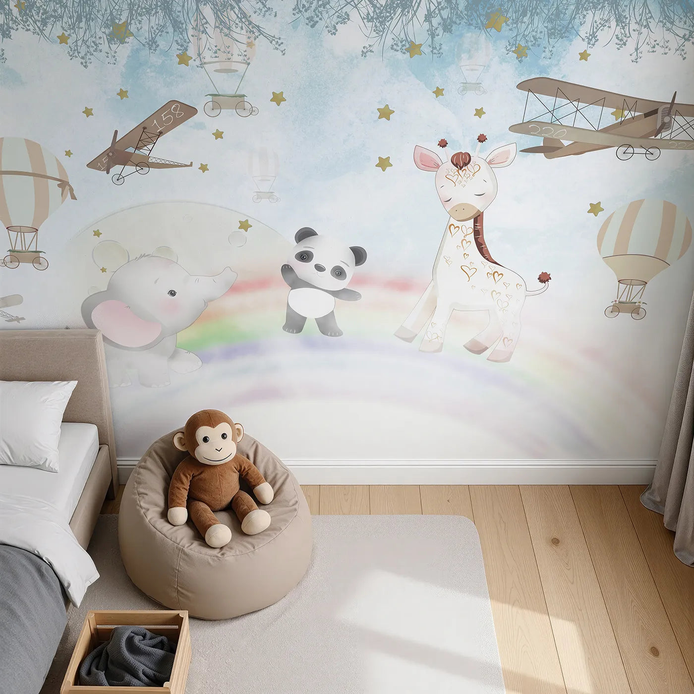 Top-down view of Whimsy Tots' Starry Rainbow Adventure Wall Mural (Turn Their Room into a Magical, High-Flying Dream).Best for Girls