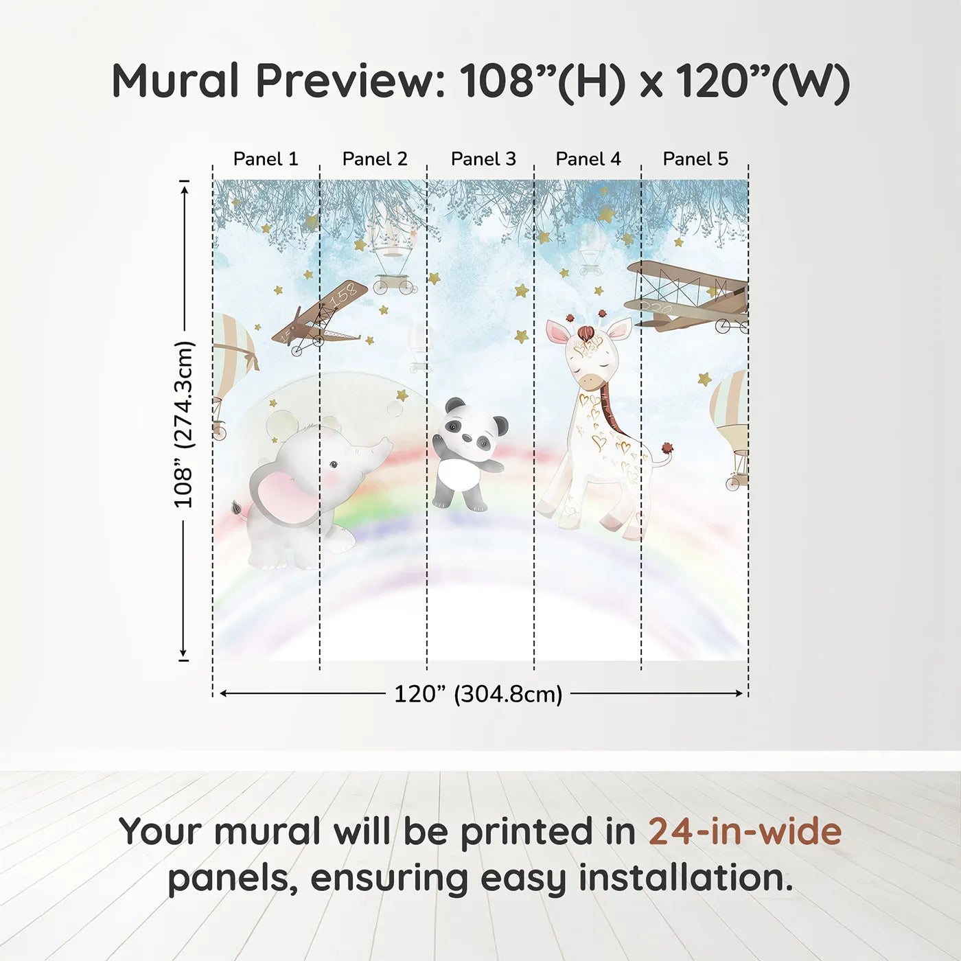 Whimsy Tots Starry Rainbow Adventure Wall Muraldimension view (108" H x 120" W). Printed in five 24-inch-wide panels. Best for Girls
