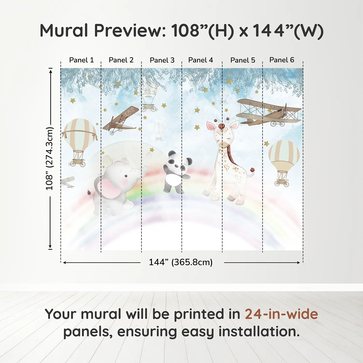 Whimsy Tots Starry Rainbow Adventure Wall Muraldimension view (108" H x 144" W). Printed in six 24-inch-wide panels. Best for Girls