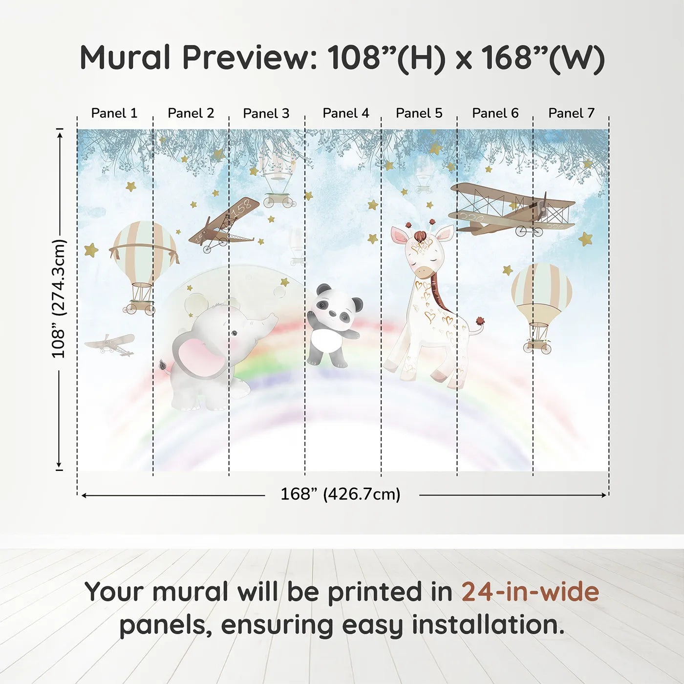 Whimsy Tots Starry Rainbow Adventure Wall Muraldimension view (108" H x 168" W). Printed in seven 24-inch-wide panels. Best for Girls