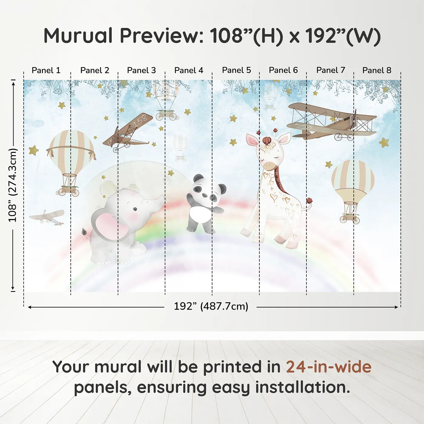 Whimsy Tots Starry Rainbow Adventure Wall Muraldimension view (108" H x 192" W). Printed in eight 24-inch-wide panels. Best for Girls