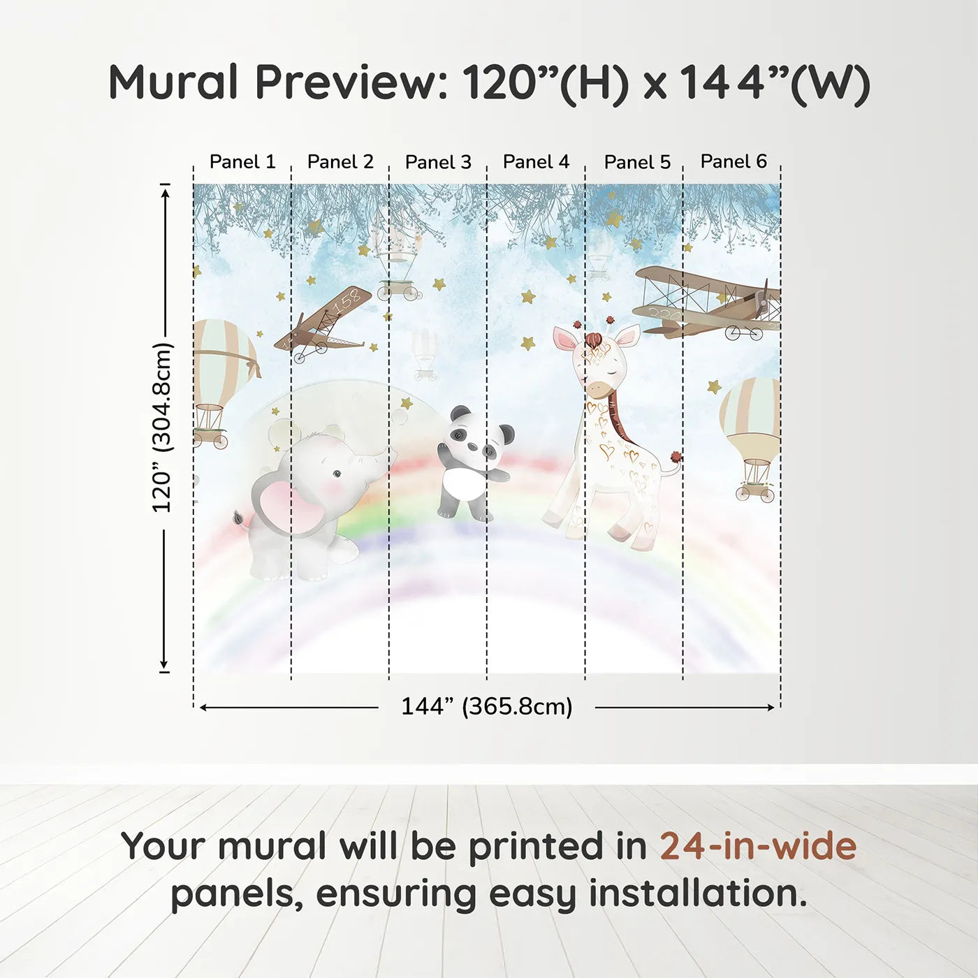 Whimsy Tots Starry Rainbow Adventure Wall Muraldimension view (120" H x 144" W). Printed in six 24-inch-wide panels. Best for Girls