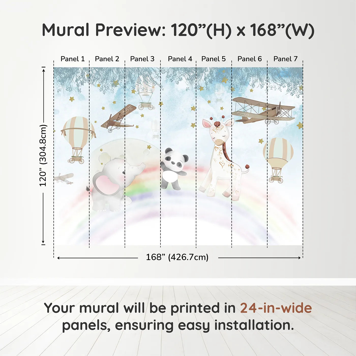Whimsy Tots Starry Rainbow Adventure Wall Muraldimension view (120" H x 168" W). Printed in seven 24-inch-wide panels. Best for Girls