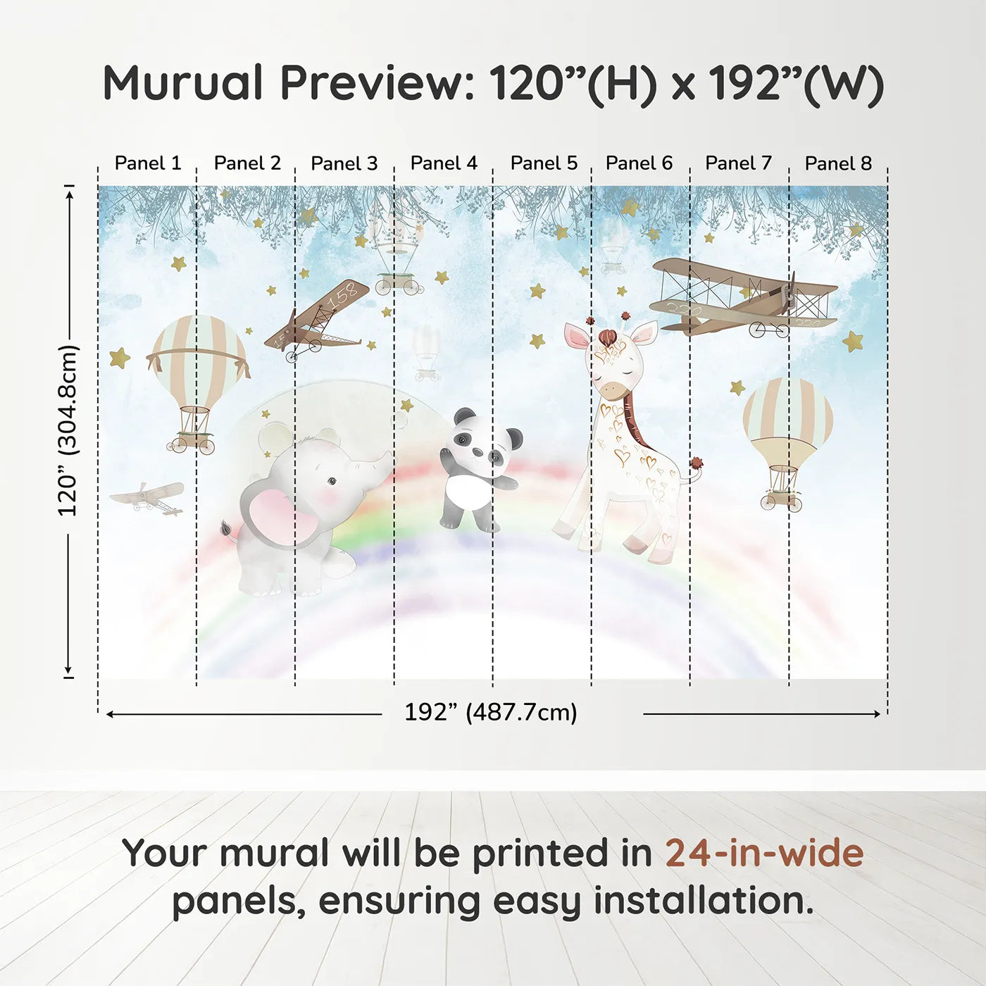 Whimsy Tots Starry Rainbow Adventure Wall Muraldimension view (120" H x 192" W). Printed in eight 24-inch-wide panels. Best for Girls