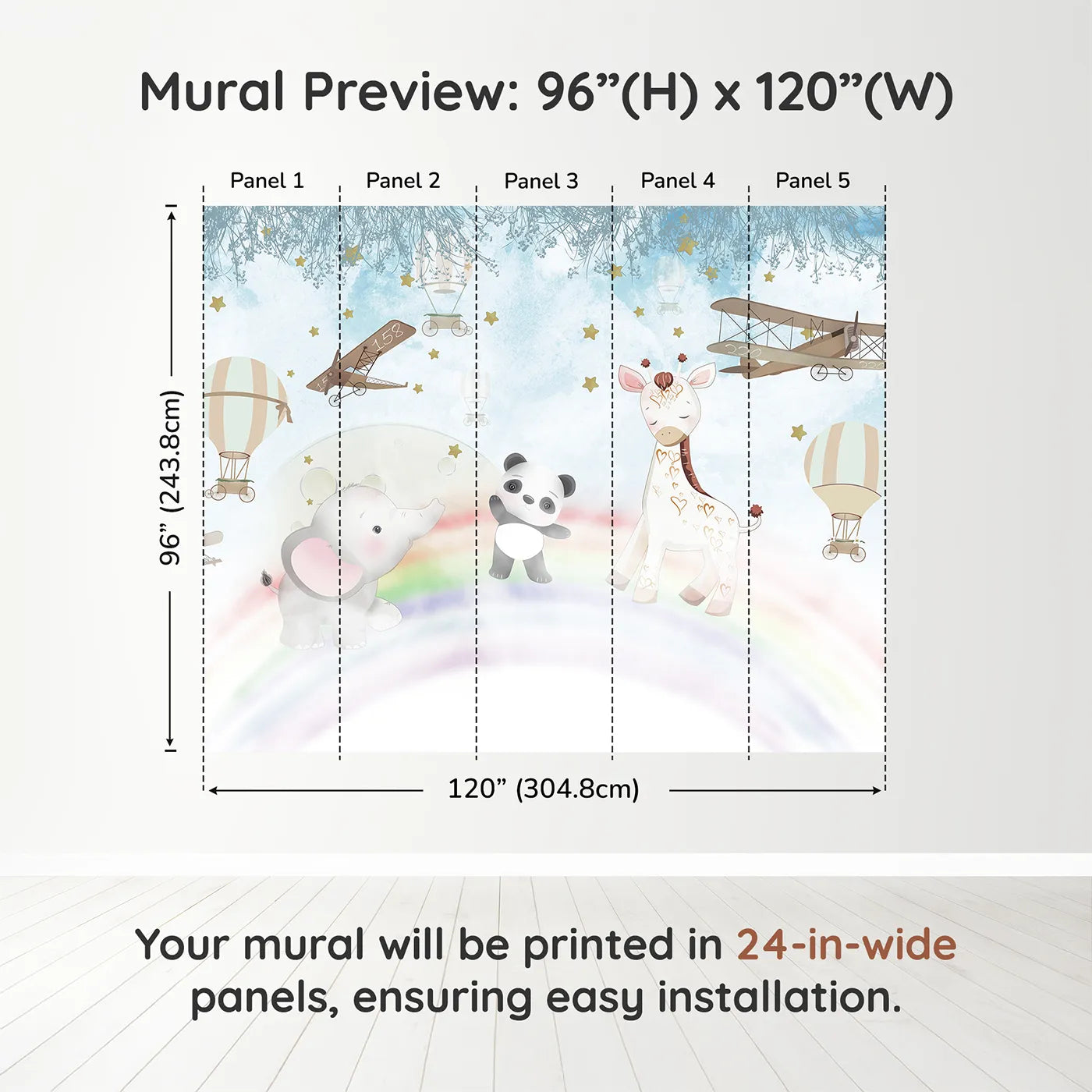 Whimsy Tots Starry Rainbow Adventure Wall Muraldimension view (96" H x 120" W). Printed in five 24-inch-wide panels. Best for Girls