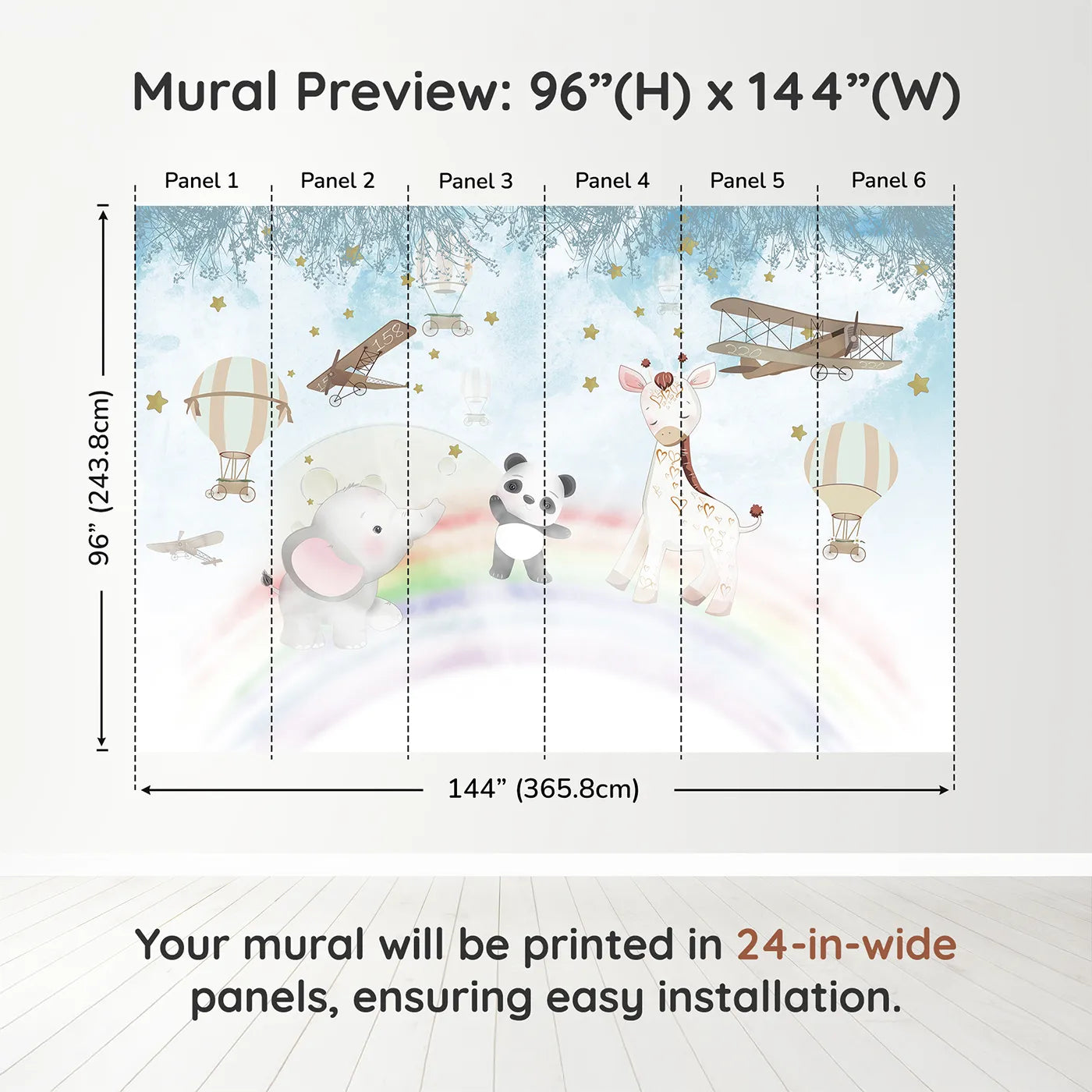 Whimsy Tots Starry Rainbow Adventure Wall Muraldimension view (96" H x 144" W). Printed in six 24-inch-wide panels. Best for Girls