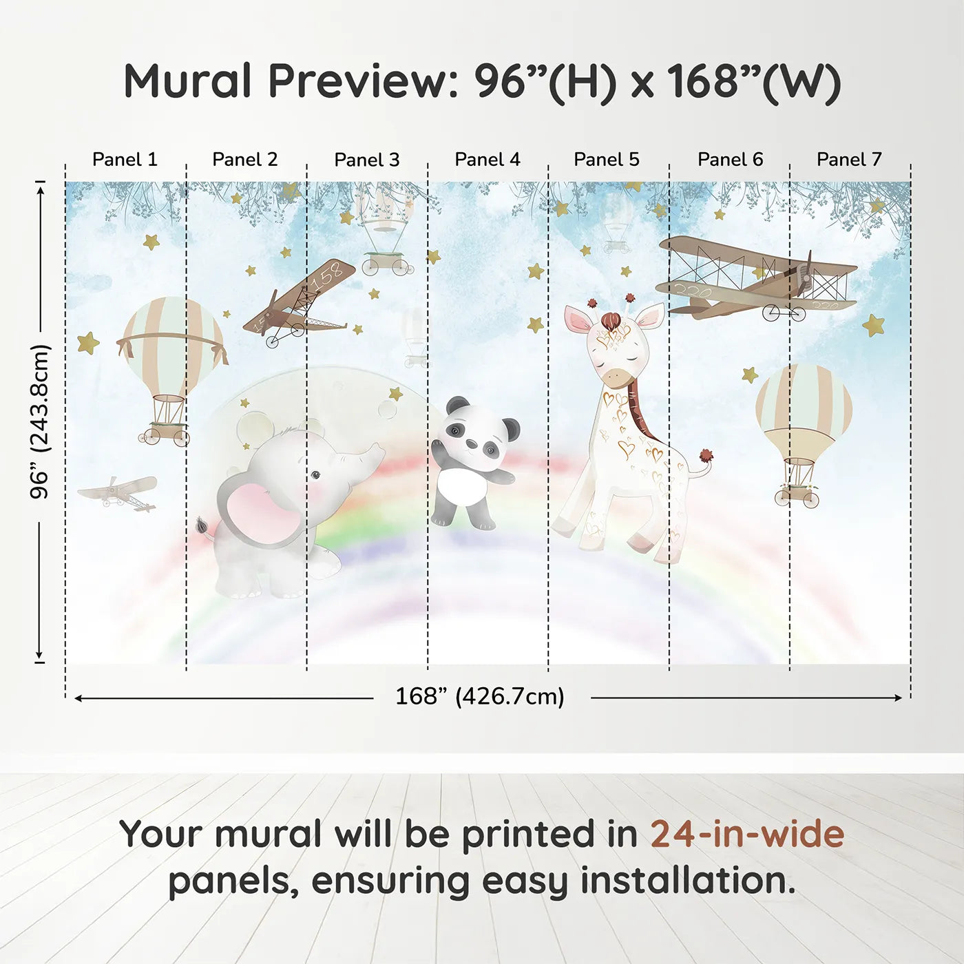 Whimsy Tots Starry Rainbow Adventure Wall Muraldimension view (96" H x 168" W). Printed in seven 24-inch-wide panels. Best for Girls