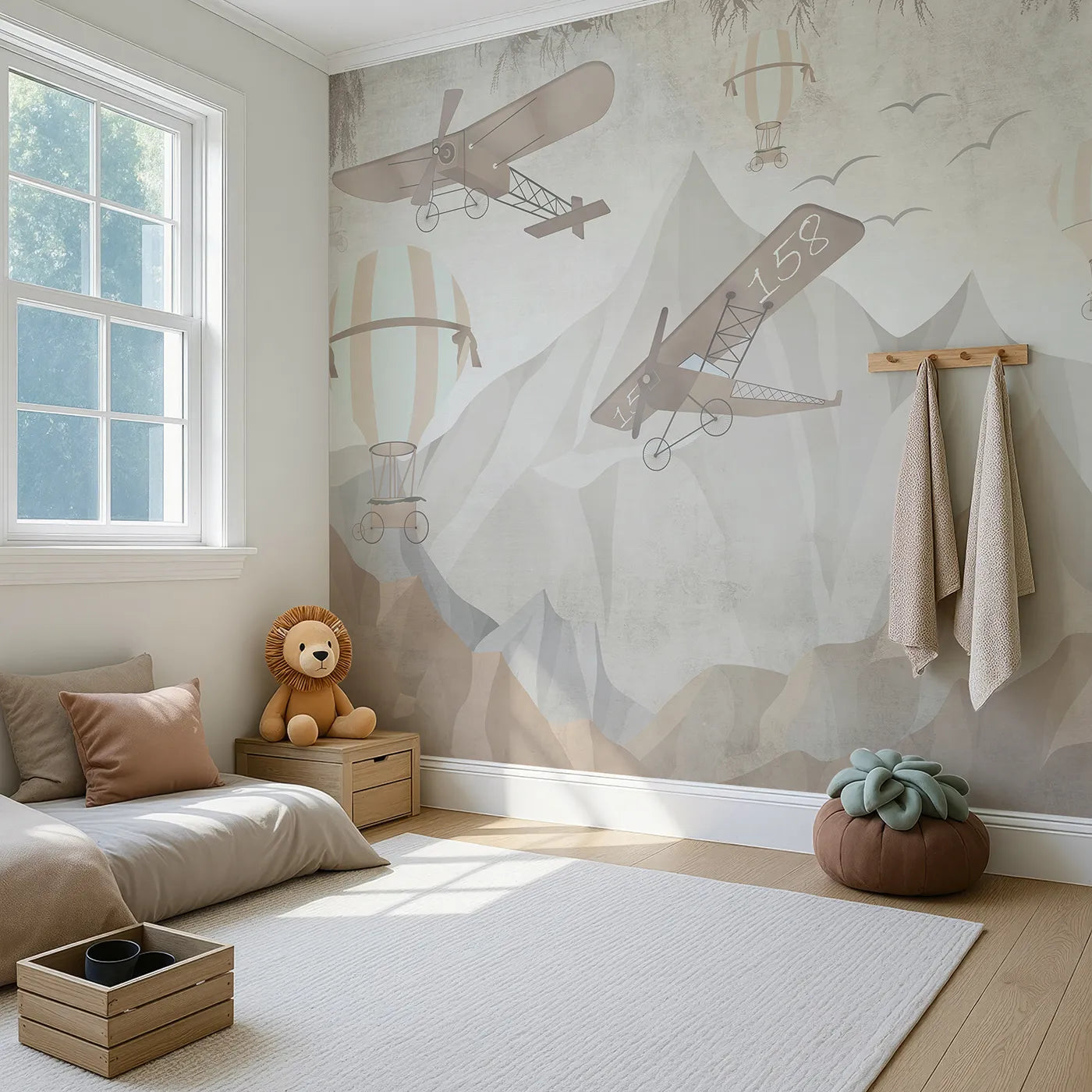 Angled view of Whimsy Tots' Mountain Airship Adventure Wall Mural (Turn Their Room into a Grand and Gritty Expedition).Gender-Neutral