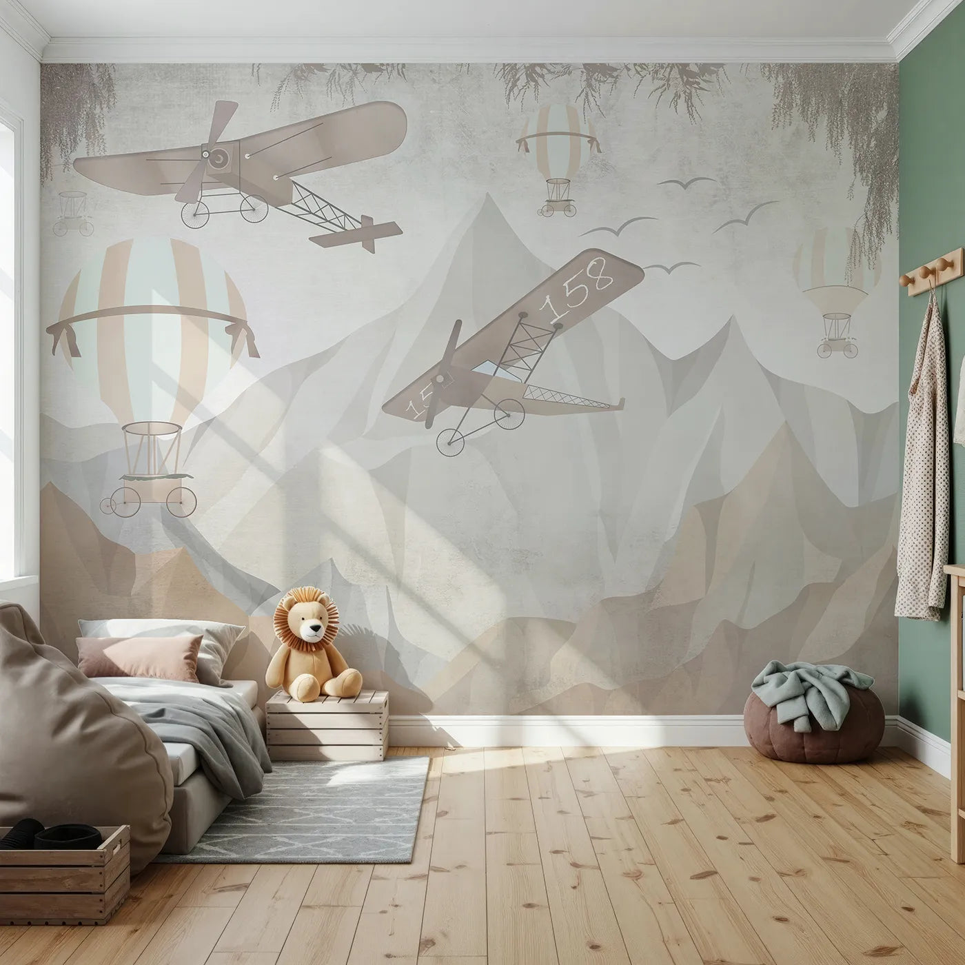 Front view of Whimsy Tots' Mountain Airship Adventure Wall Mural
