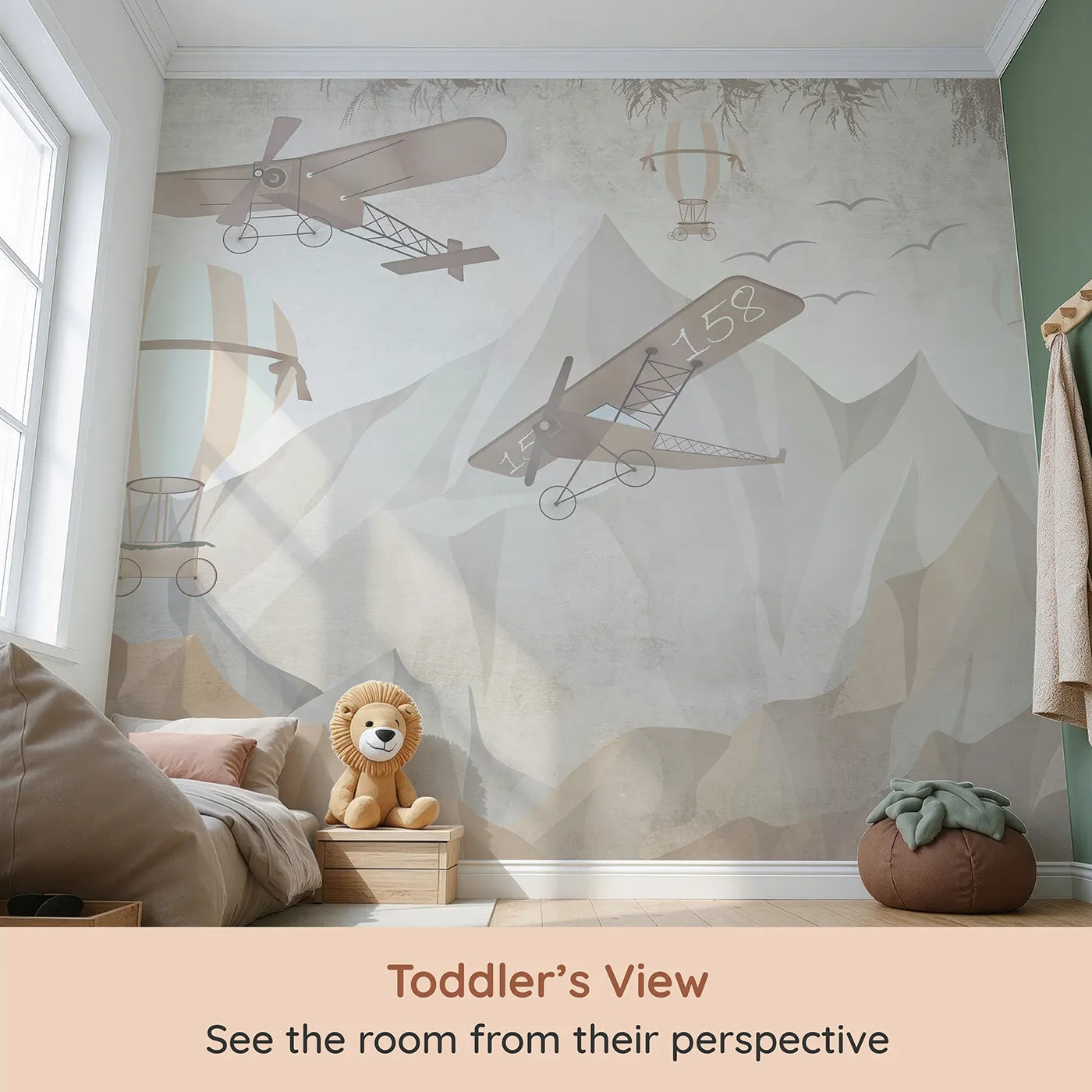 Whimsy Tots Mountain Airship Adventure Wall Mural (Turn Their Room into a Grand and Gritty Expedition) from your child's view.Gender-Neutral
