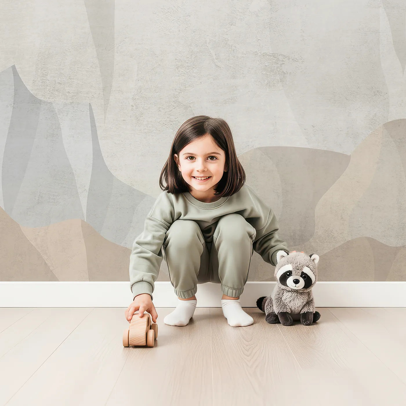 Child in front of Whimsy Tots Mountain Airship Adventure Wall Mural with mountain, vintage, airplane, balloon, geometric, beige, grunge, retro in design.