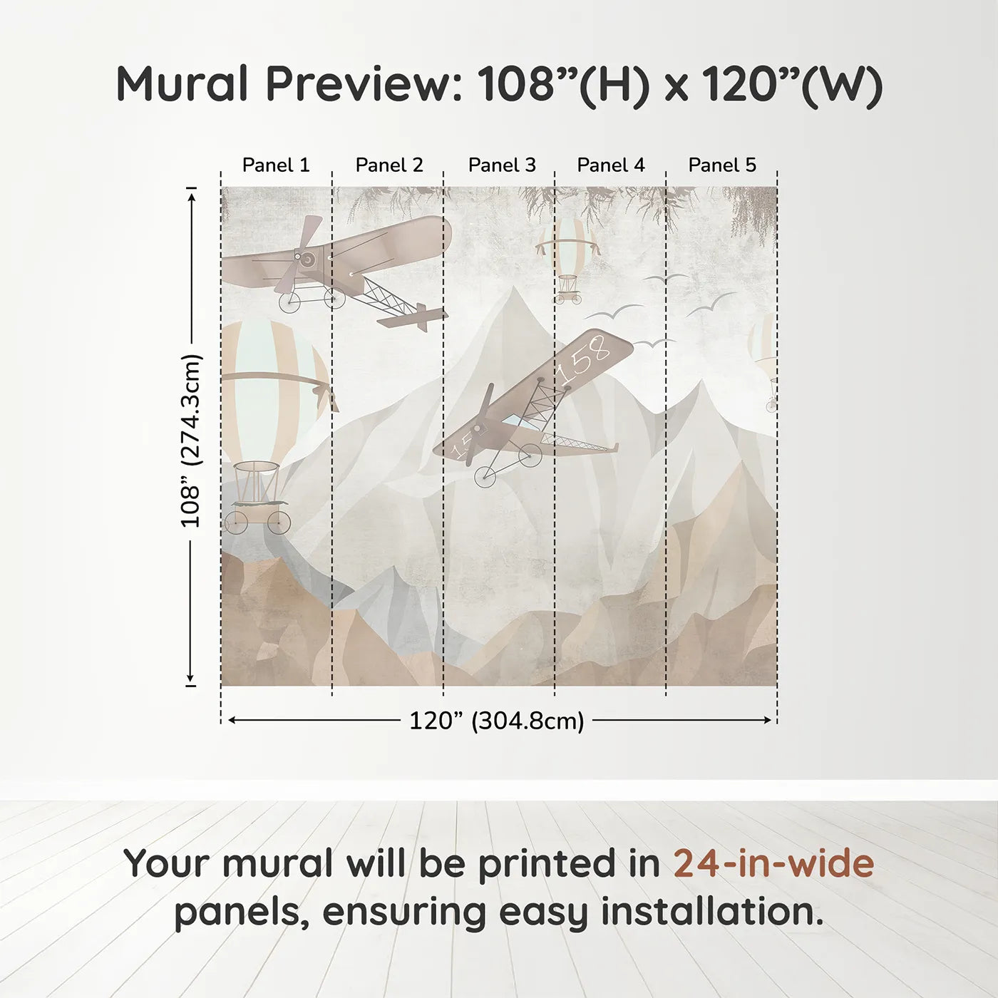 Whimsy Tots Mountain Airship Adventure Wall Muraldimension view (108" H x 120" W). Printed in five 24-inch-wide panels. Gender-Neutral