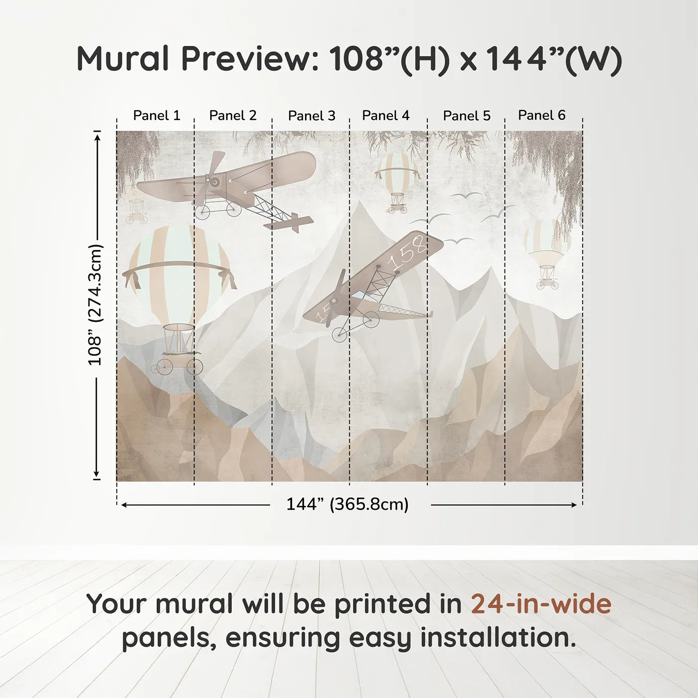 Whimsy Tots Mountain Airship Adventure Wall Muraldimension view (108" H x 144" W). Printed in six 24-inch-wide panels. Gender-Neutral