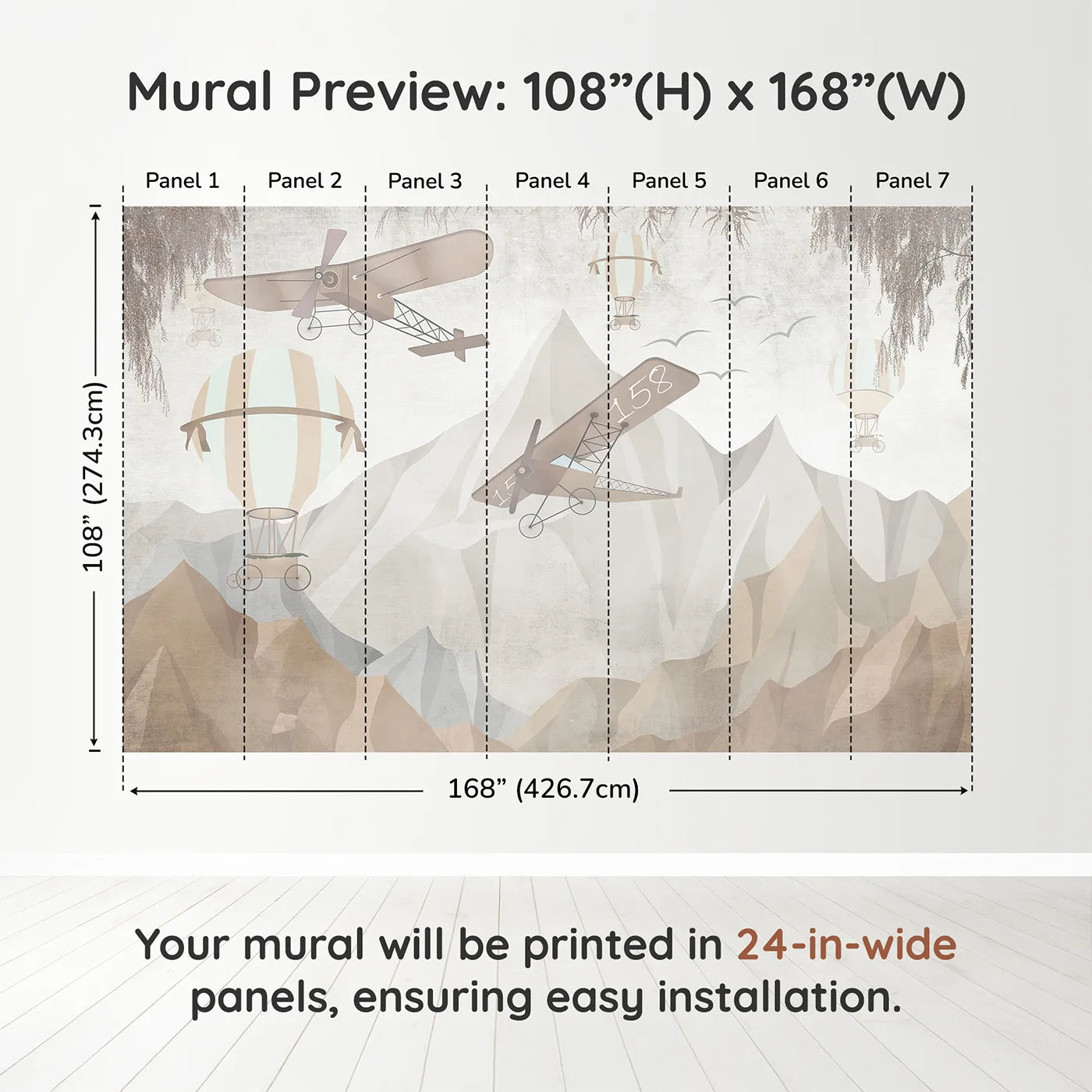 Whimsy Tots Mountain Airship Adventure Wall Muraldimension view (108" H x 168" W). Printed in seven 24-inch-wide panels. Gender-Neutral