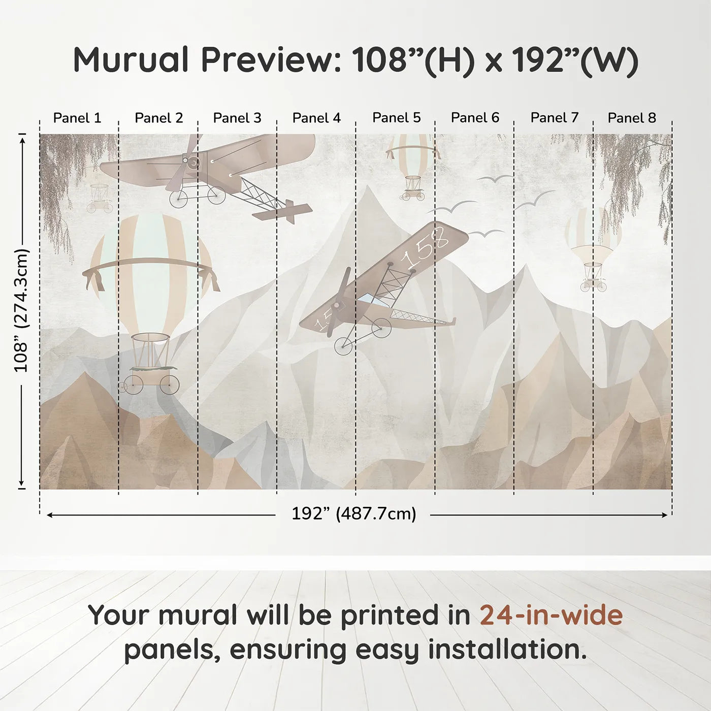 Whimsy Tots Mountain Airship Adventure Wall Muraldimension view (108" H x 192" W). Printed in eight 24-inch-wide panels. Gender-Neutral