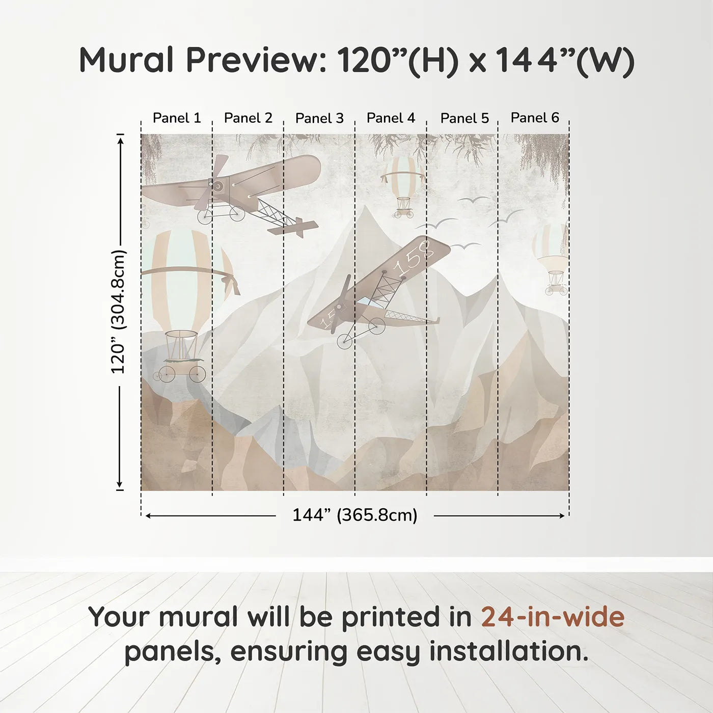 Whimsy Tots Mountain Airship Adventure Wall Muraldimension view (120" H x 144" W). Printed in six 24-inch-wide panels. Gender-Neutral
