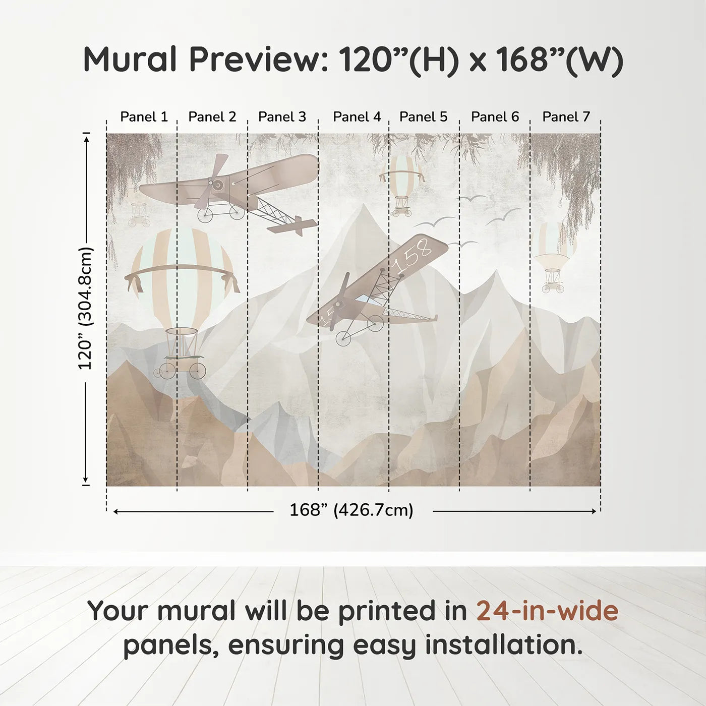 Whimsy Tots Mountain Airship Adventure Wall Muraldimension view (120" H x 168" W). Printed in seven 24-inch-wide panels. Gender-Neutral