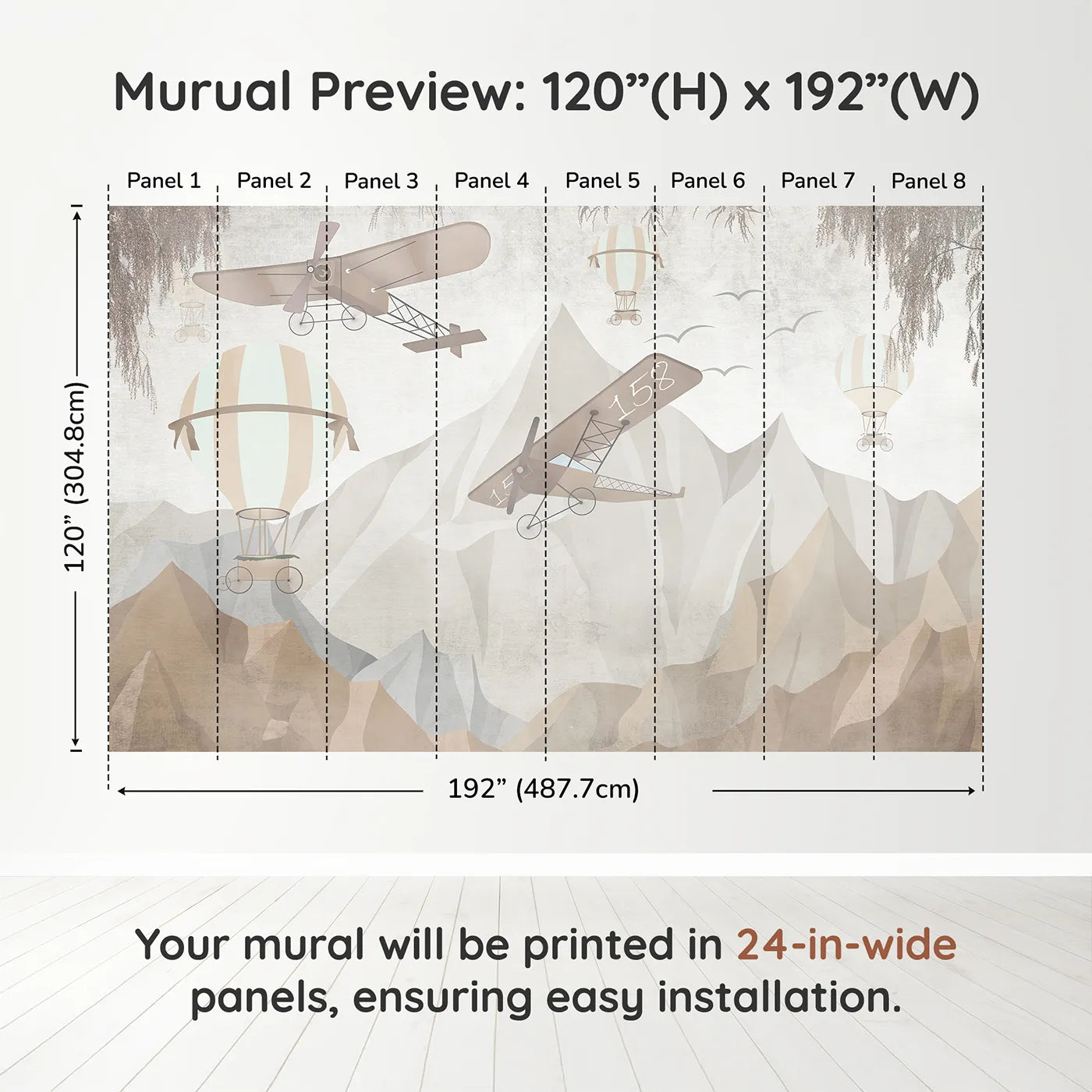 Whimsy Tots Mountain Airship Adventure Wall Muraldimension view (120" H x 192" W). Printed in eight 24-inch-wide panels. Gender-Neutral