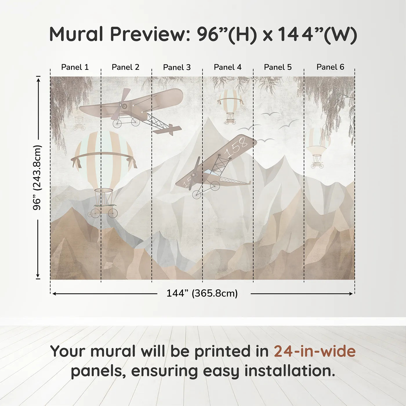 Whimsy Tots Mountain Airship Adventure Wall Muraldimension view (96" H x 144" W). Printed in six 24-inch-wide panels. Gender-Neutral