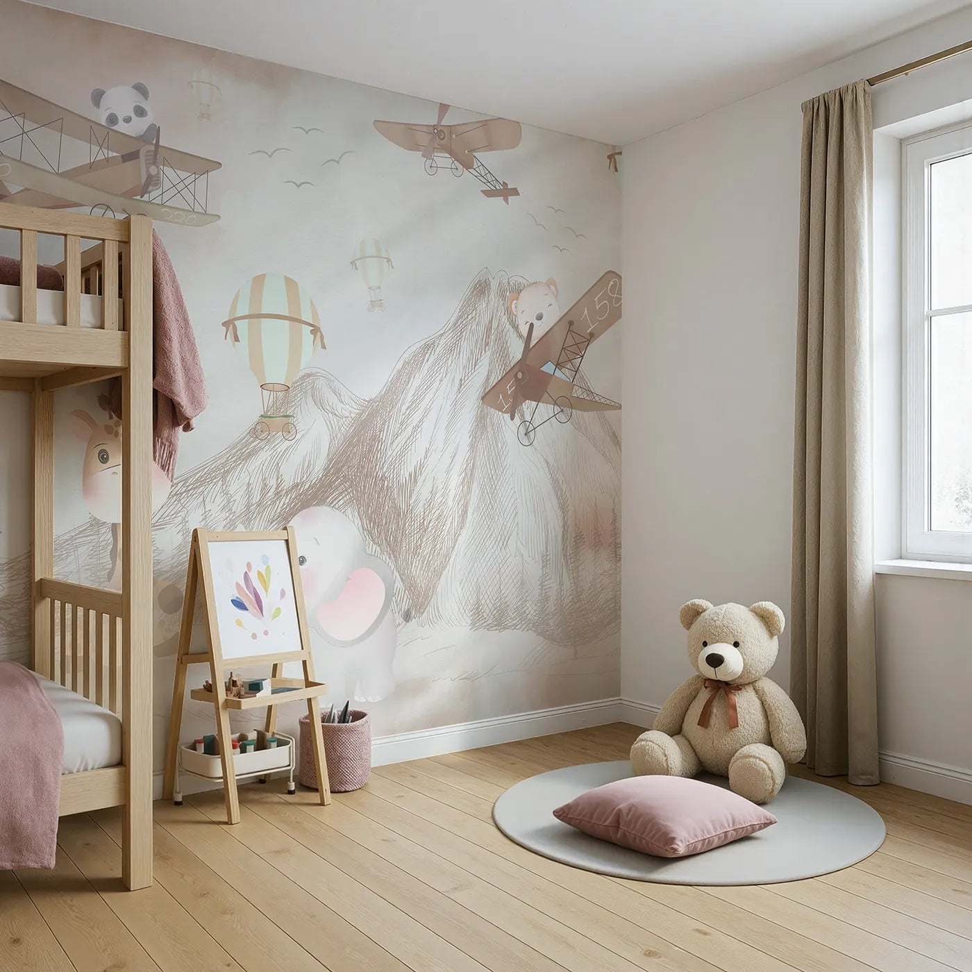 Angled view of Whimsy Tots' Safari Sketchbook Wall Mural (Turn Their Room into a Page from a Gentle Explorer's Journal).Gender-Neutral