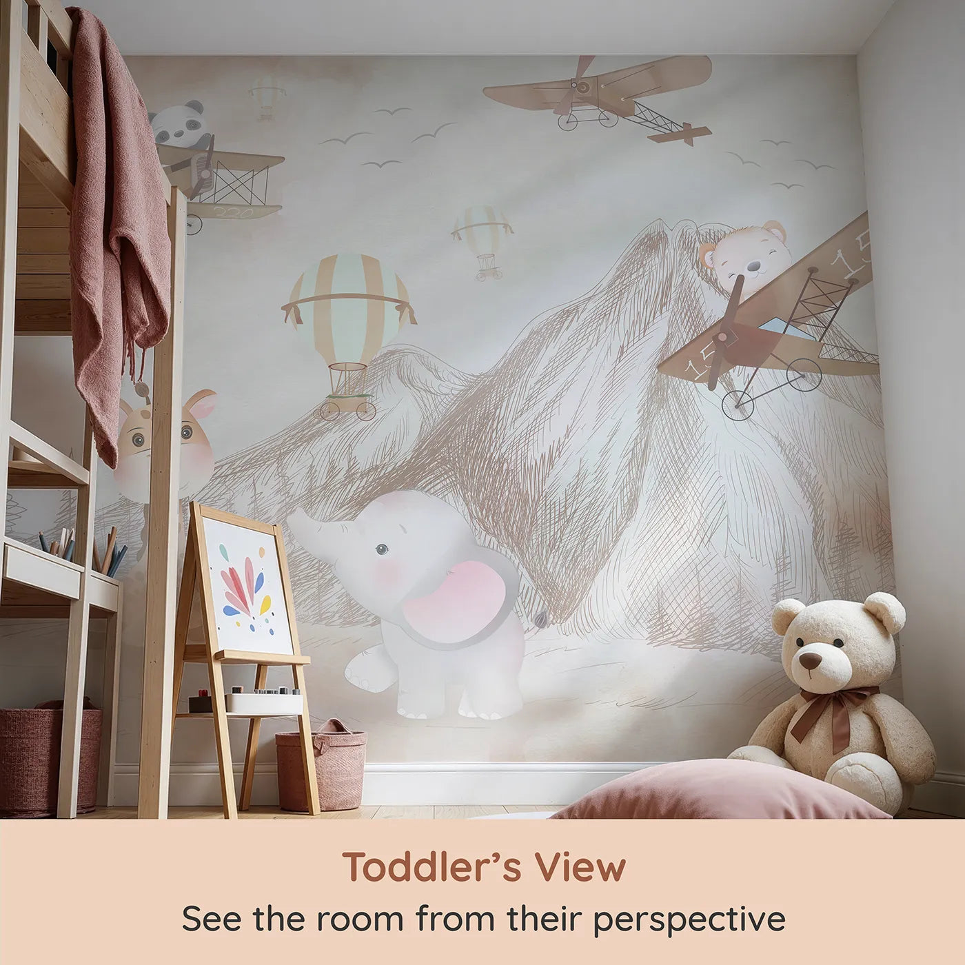Whimsy Tots Safari Sketchbook Wall Mural (Turn Their Room into a Page from a Gentle Explorer's Journal) from your child's view.Gender-Neutral