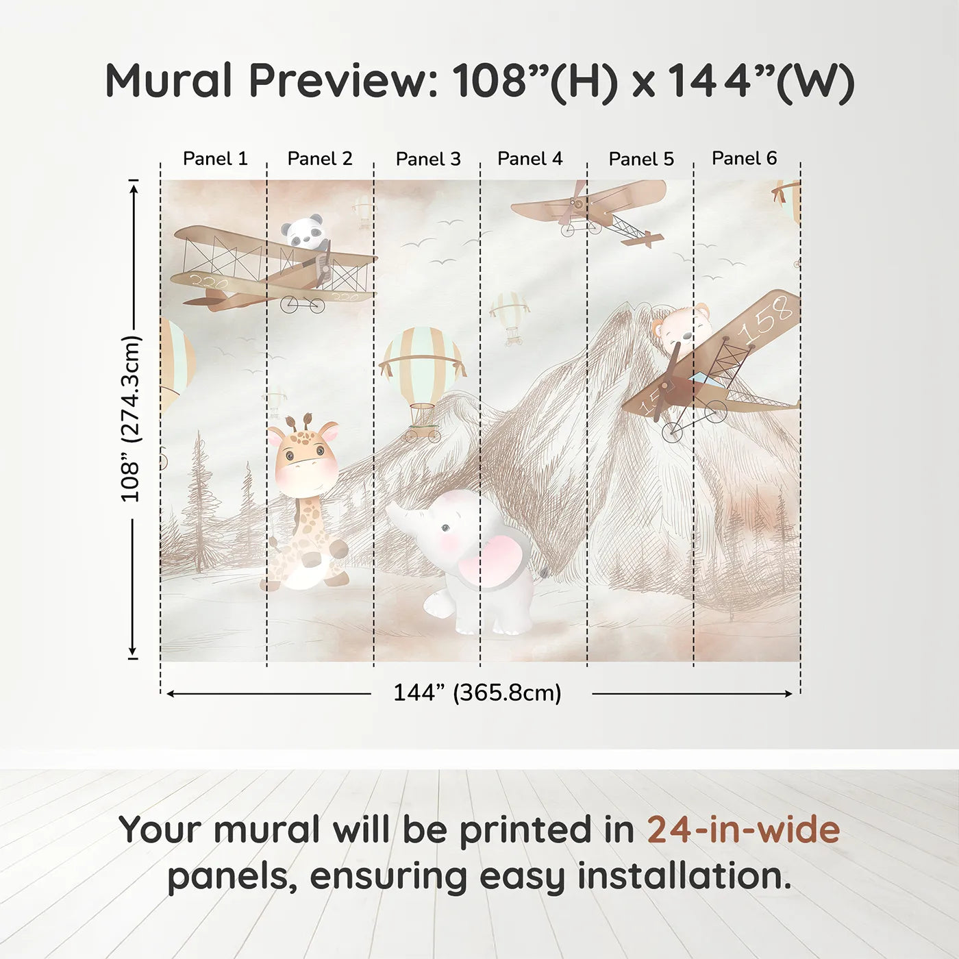 Whimsy Tots Safari Sketchbook Wall Muraldimension view (108" H x 144" W). Printed in six 24-inch-wide panels. Gender-Neutral