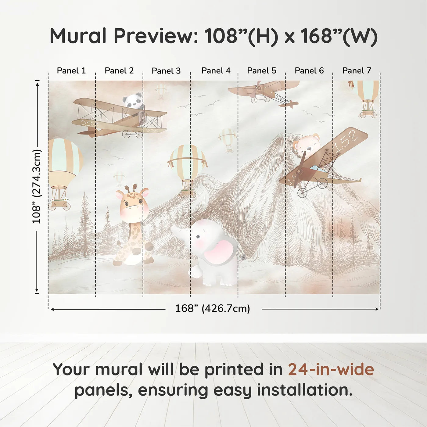 Whimsy Tots Safari Sketchbook Wall Muraldimension view (108" H x 168" W). Printed in seven 24-inch-wide panels. Gender-Neutral